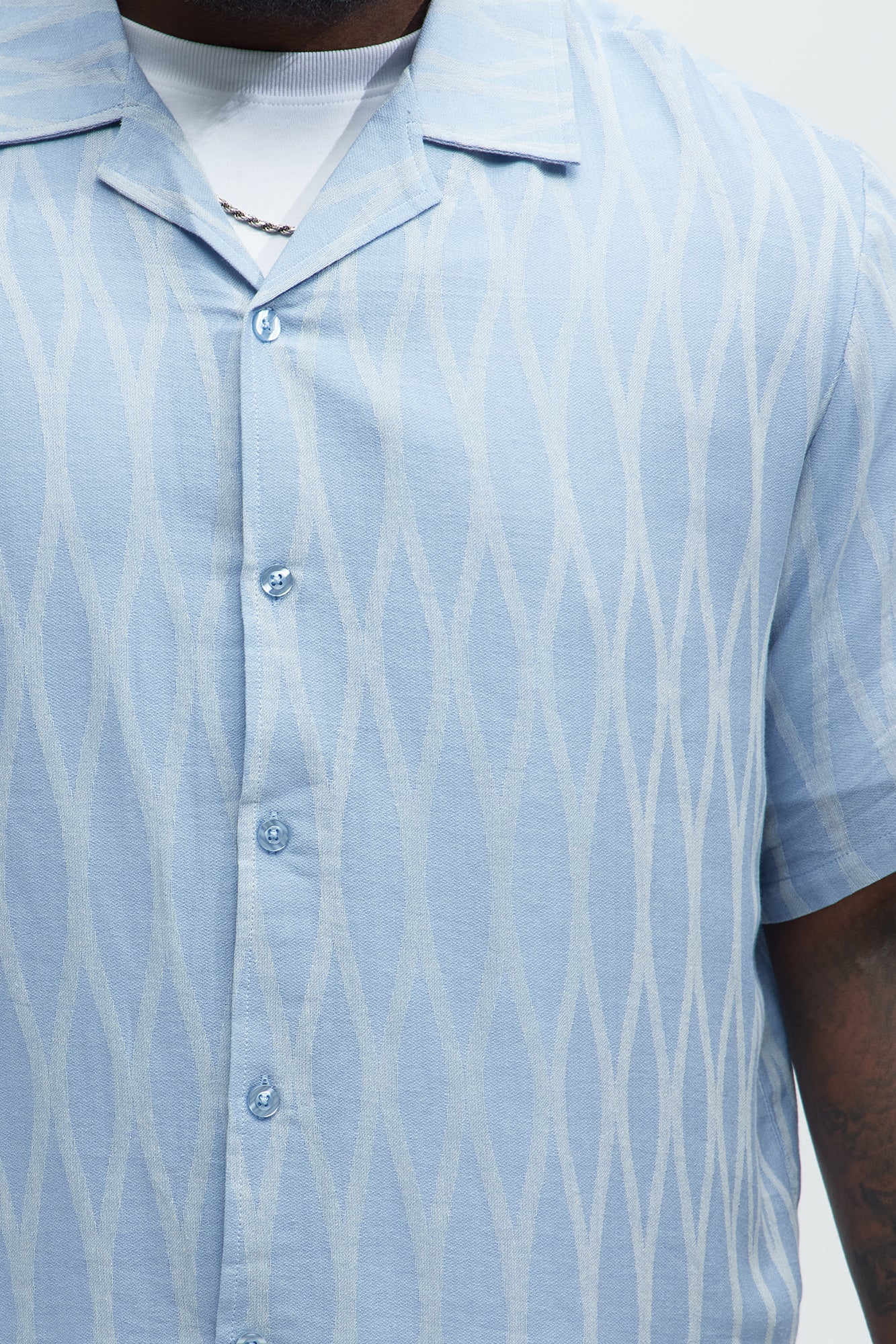 Waved Lines Cuban Collar Button Up Shirt - Blue/combo - Image 4
