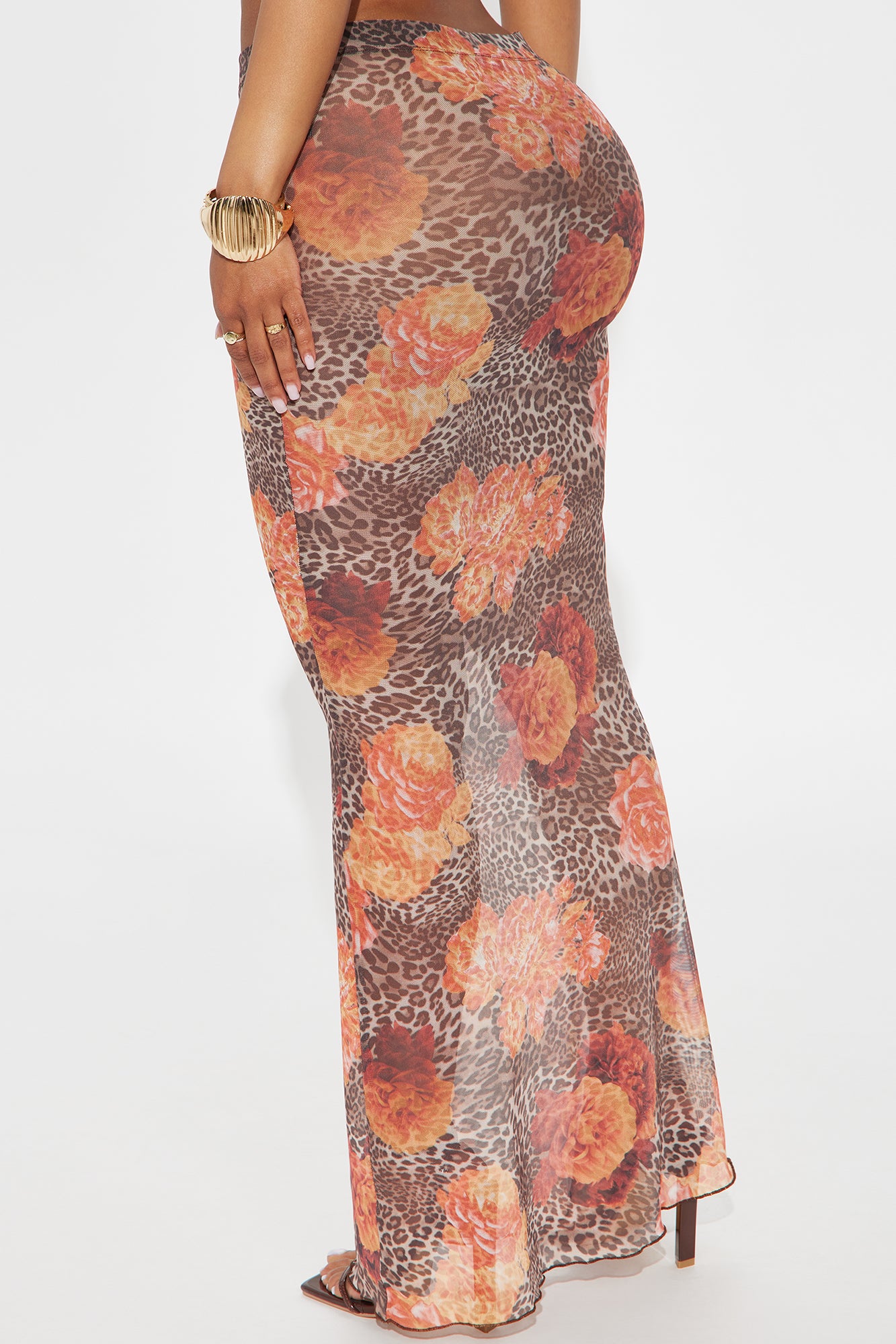 Kira Floral Leopard Print Mesh Bodycon Maxi Skirt - Brown/combo - Image 3