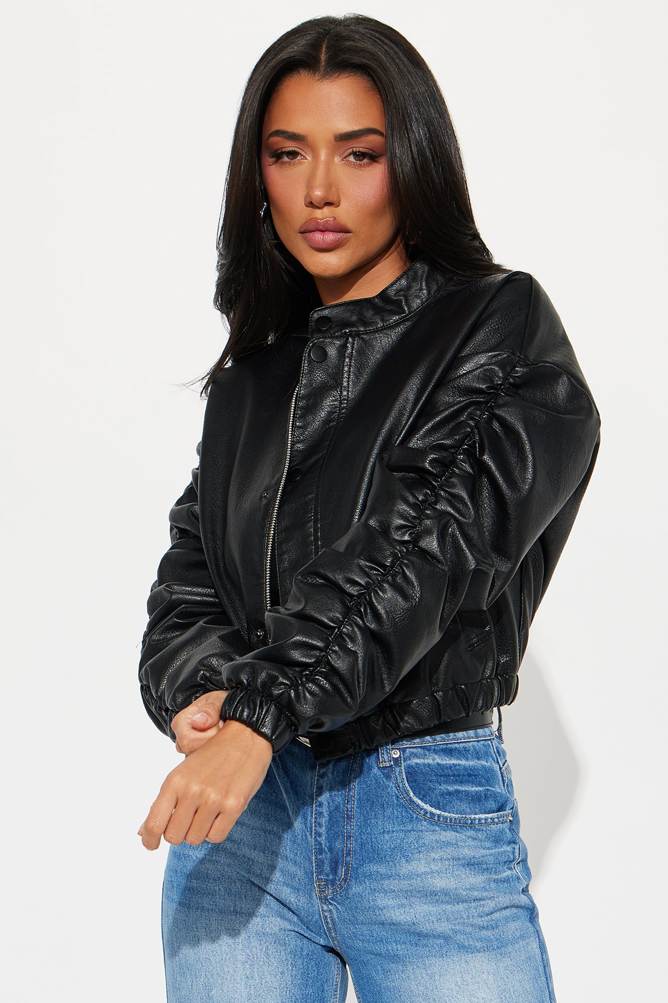 Chloe Ruched Faux Leather Bomber Jacket - Black - Image 3