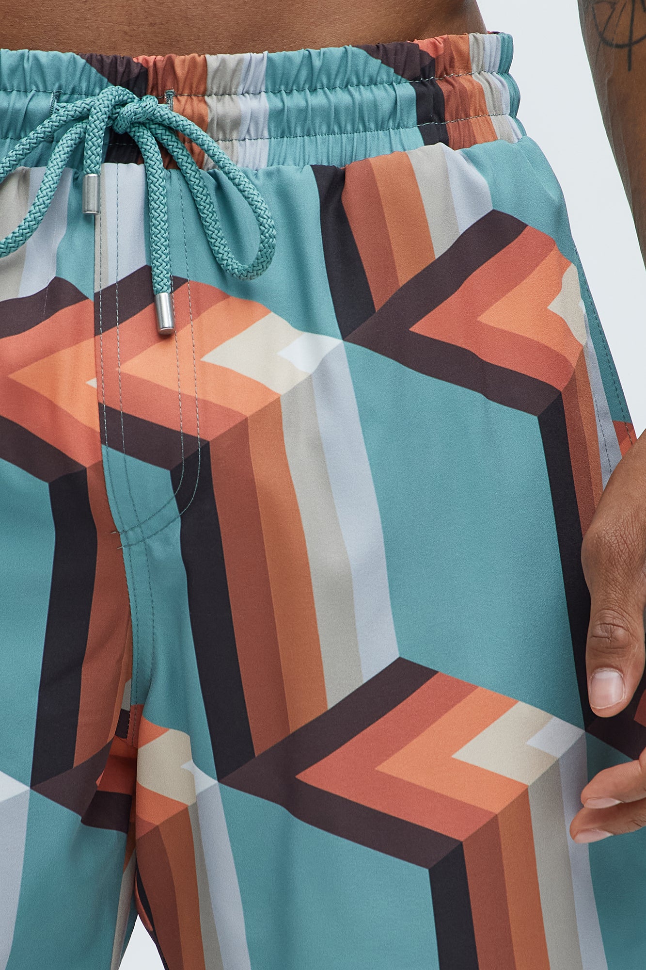 Retro Geometric Swim Mid Trunk - Teal/combo - Image 3