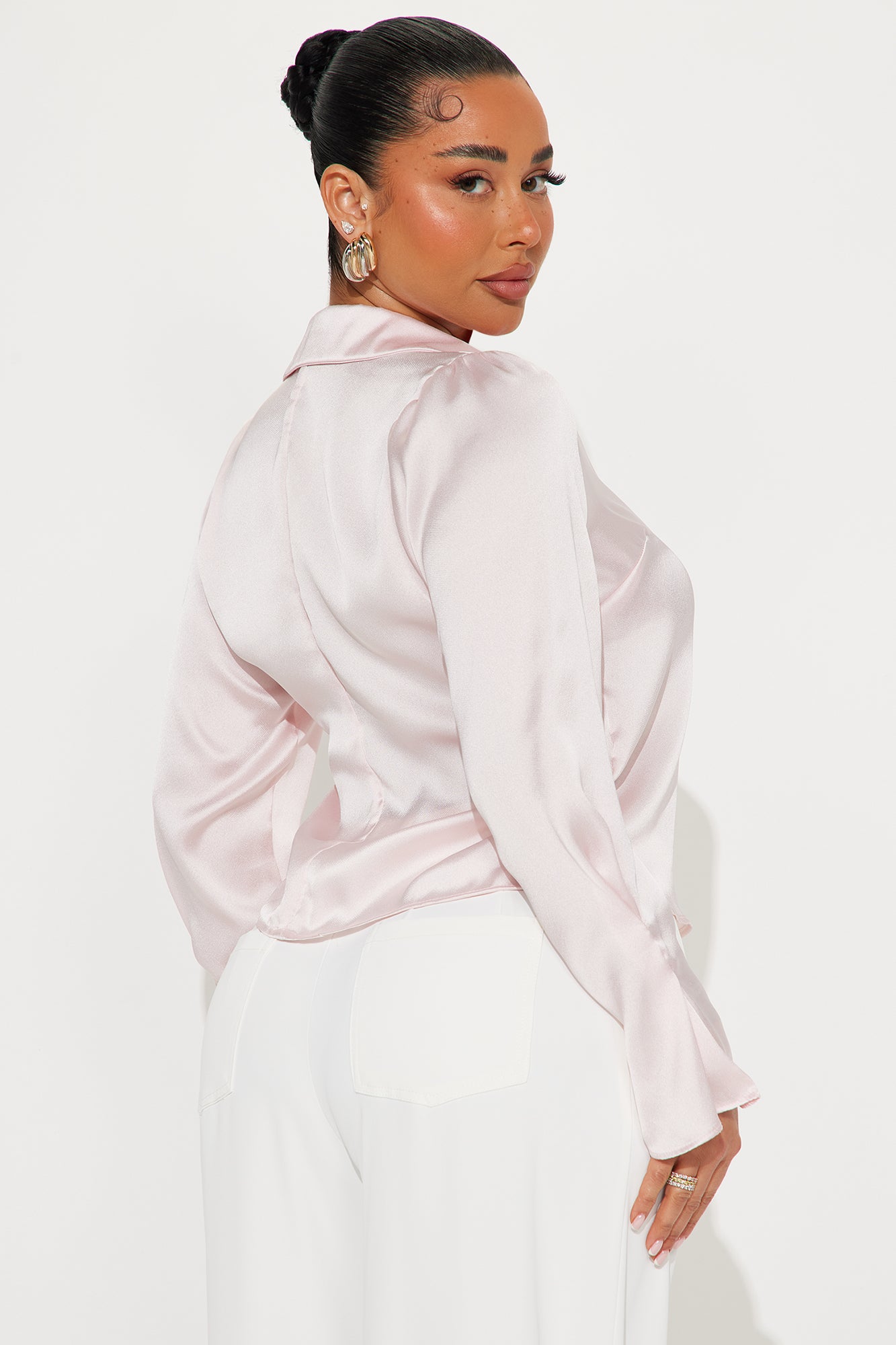 Rosi Rosette Neck Tie Satin Shirt - Blush - Image 3