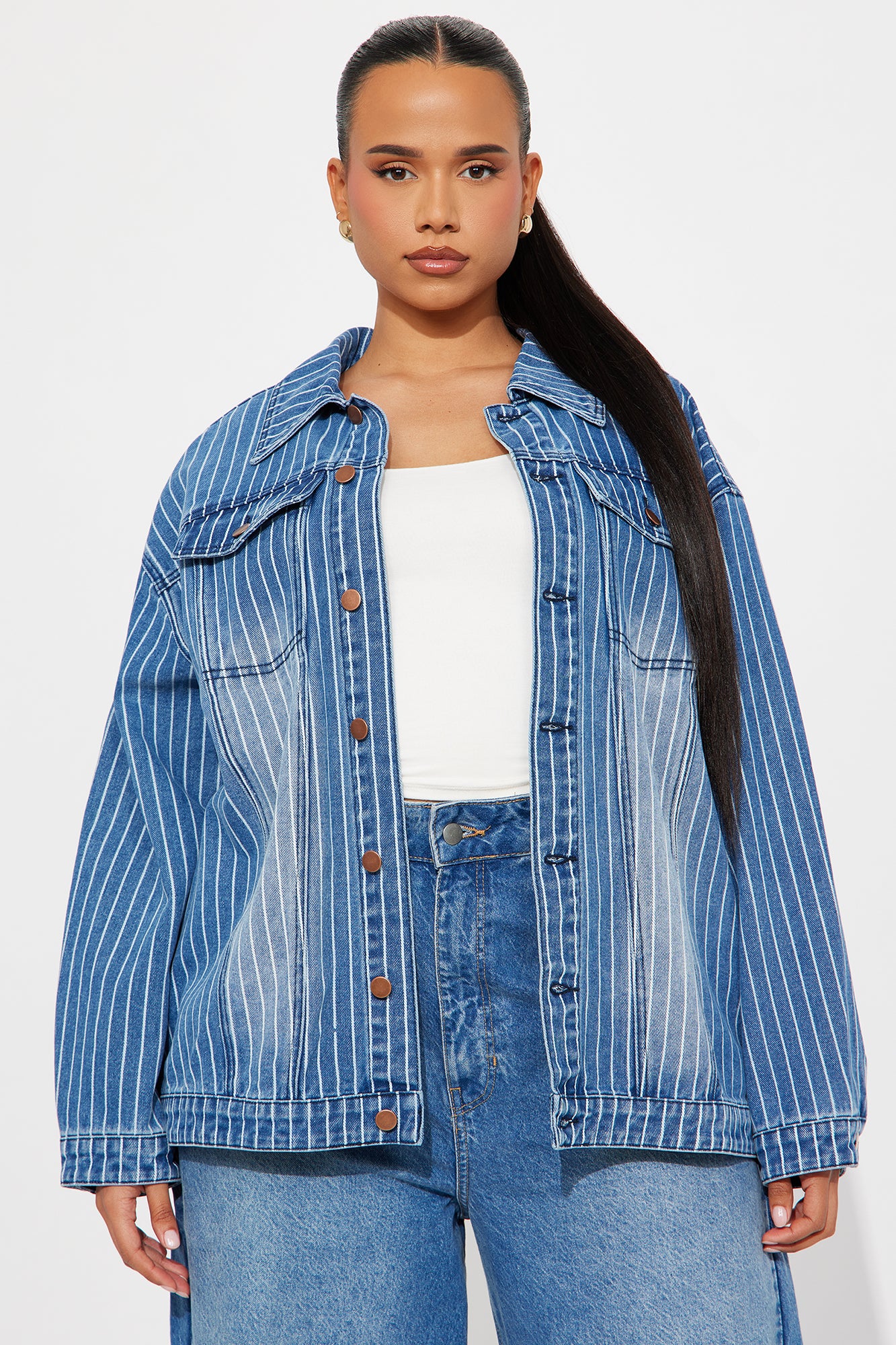 Penelope Pinstripe Denim Jacket - Medium Wash - Image 4