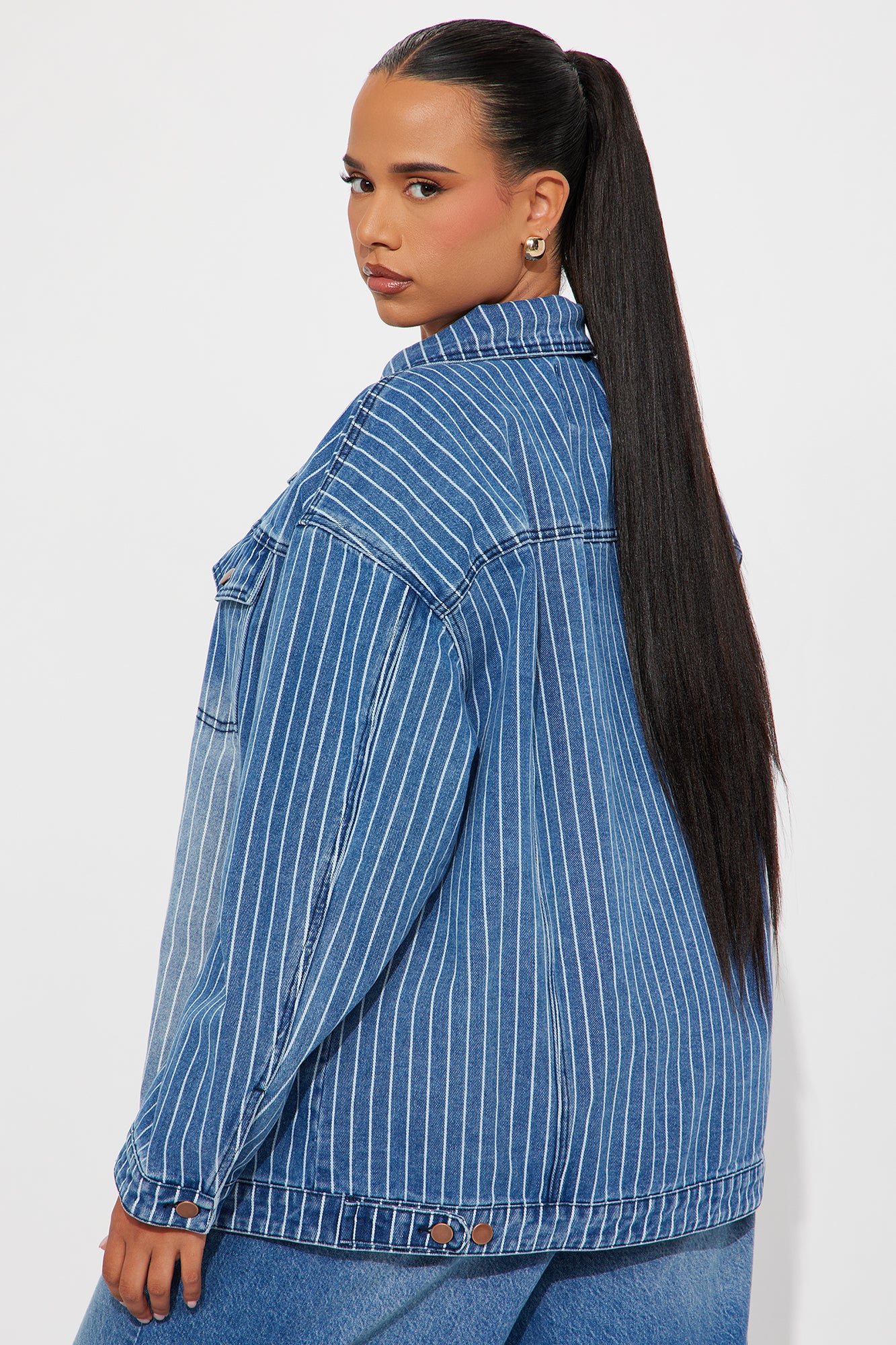 Penelope Pinstripe Denim Jacket - Medium Wash - Image 7
