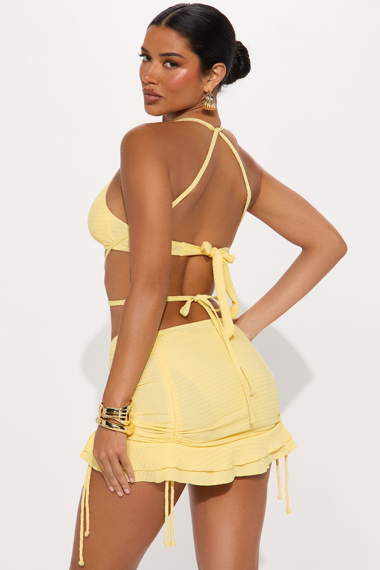 Angelica Textured O-Ring Ruched Skirt 3 Piece Bikini Set - Yellow - Image 5