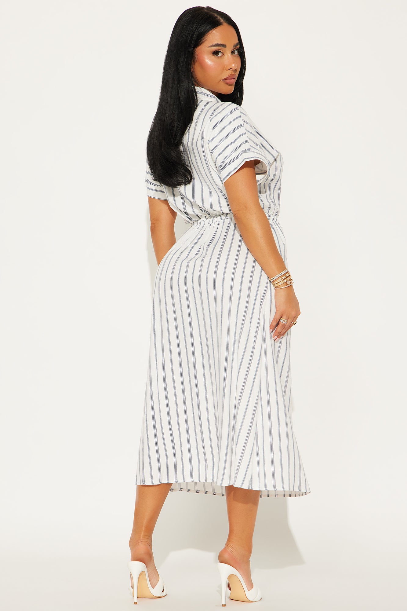 Casual Day Pinstripe Linen Midi Dress - Navy/combo - Image 3