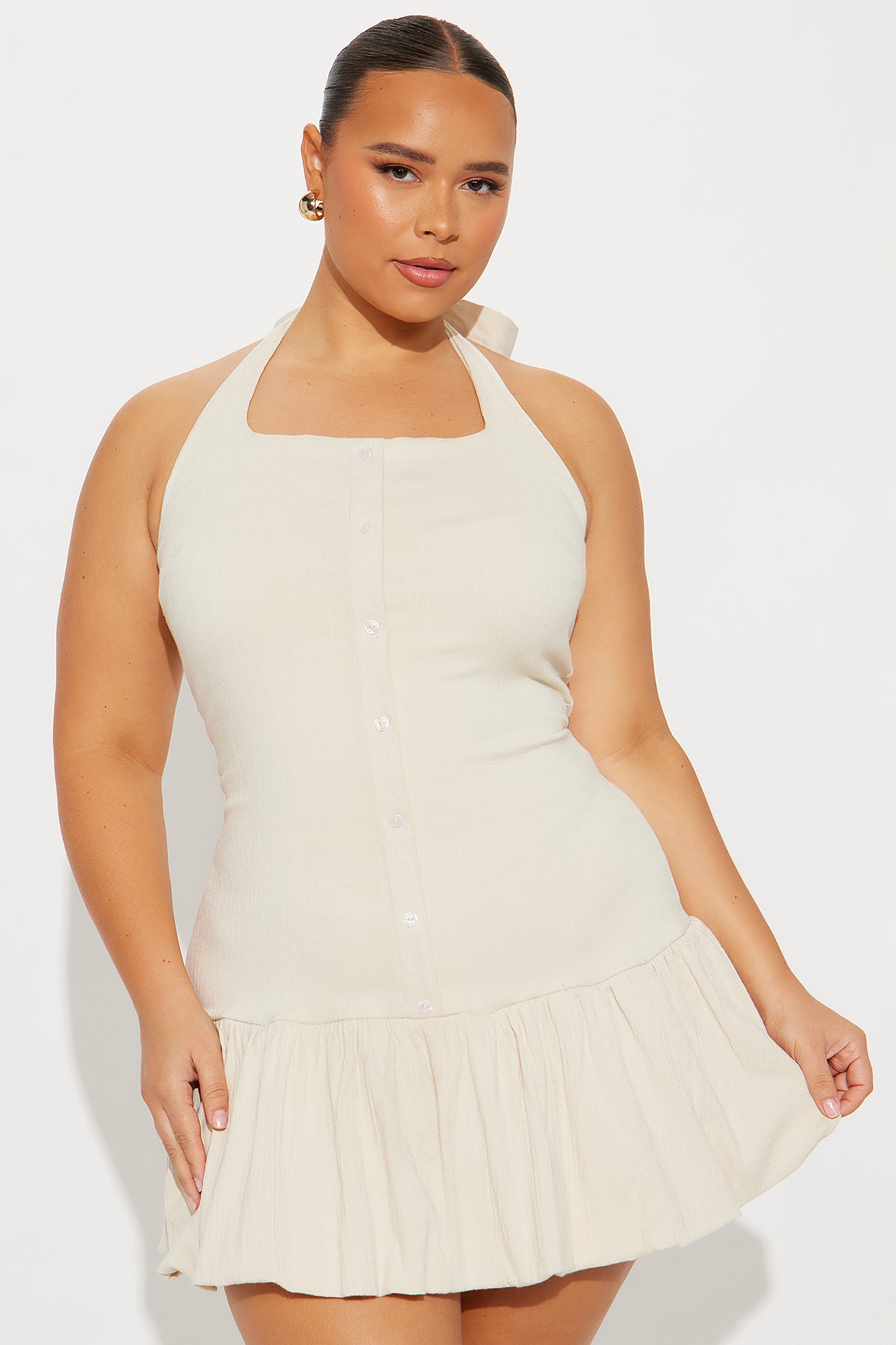 Cherish Stretch Linen Bubble Micro Mini Dress - Natural - Image 5