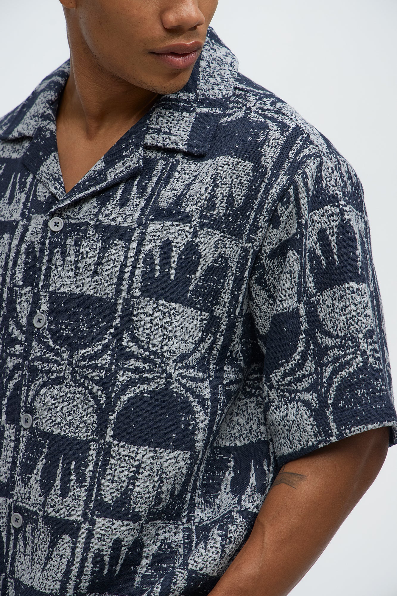 Tribal Pattern Cuban Button Down Shirt - Navy/combo - Image 3