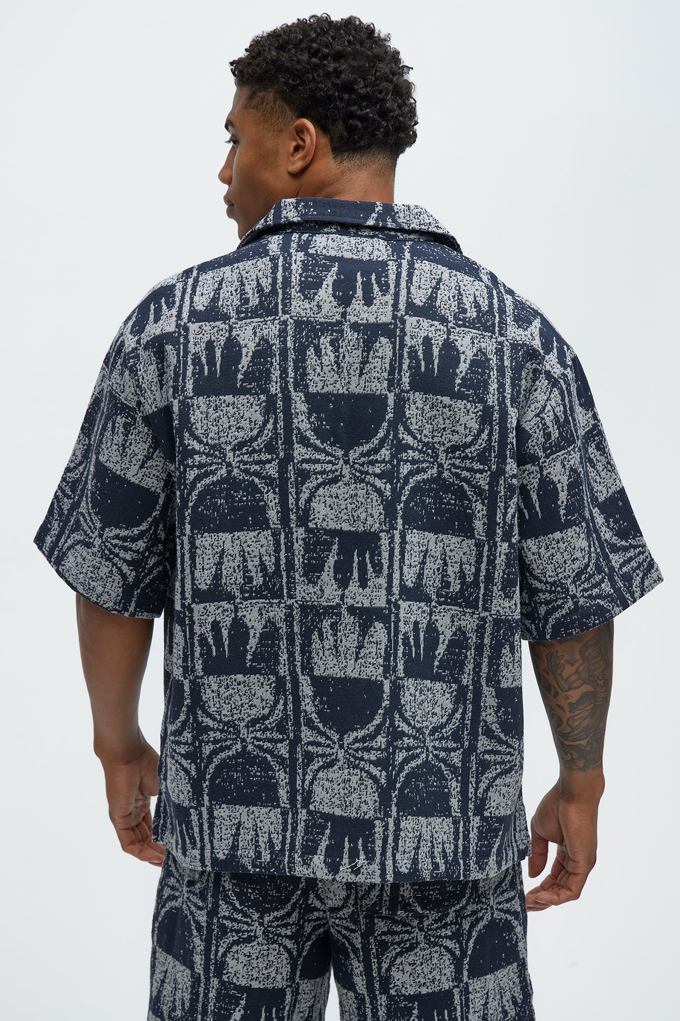 Tribal Pattern Cuban Button Down Shirt - Navy/combo - Image 4