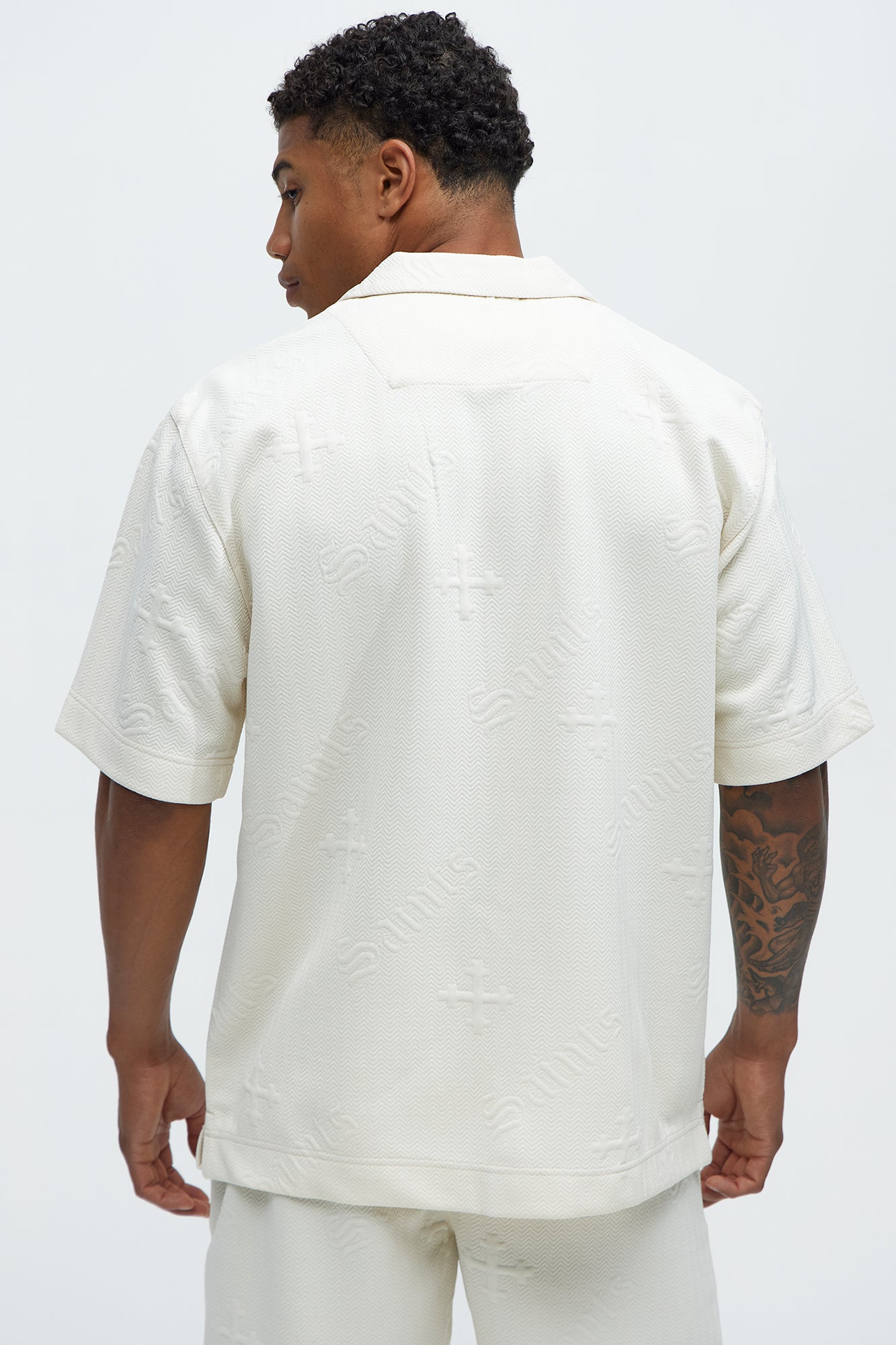 Aegis Cross Embossed Short Sleeve Button Up - Off White - Image 4