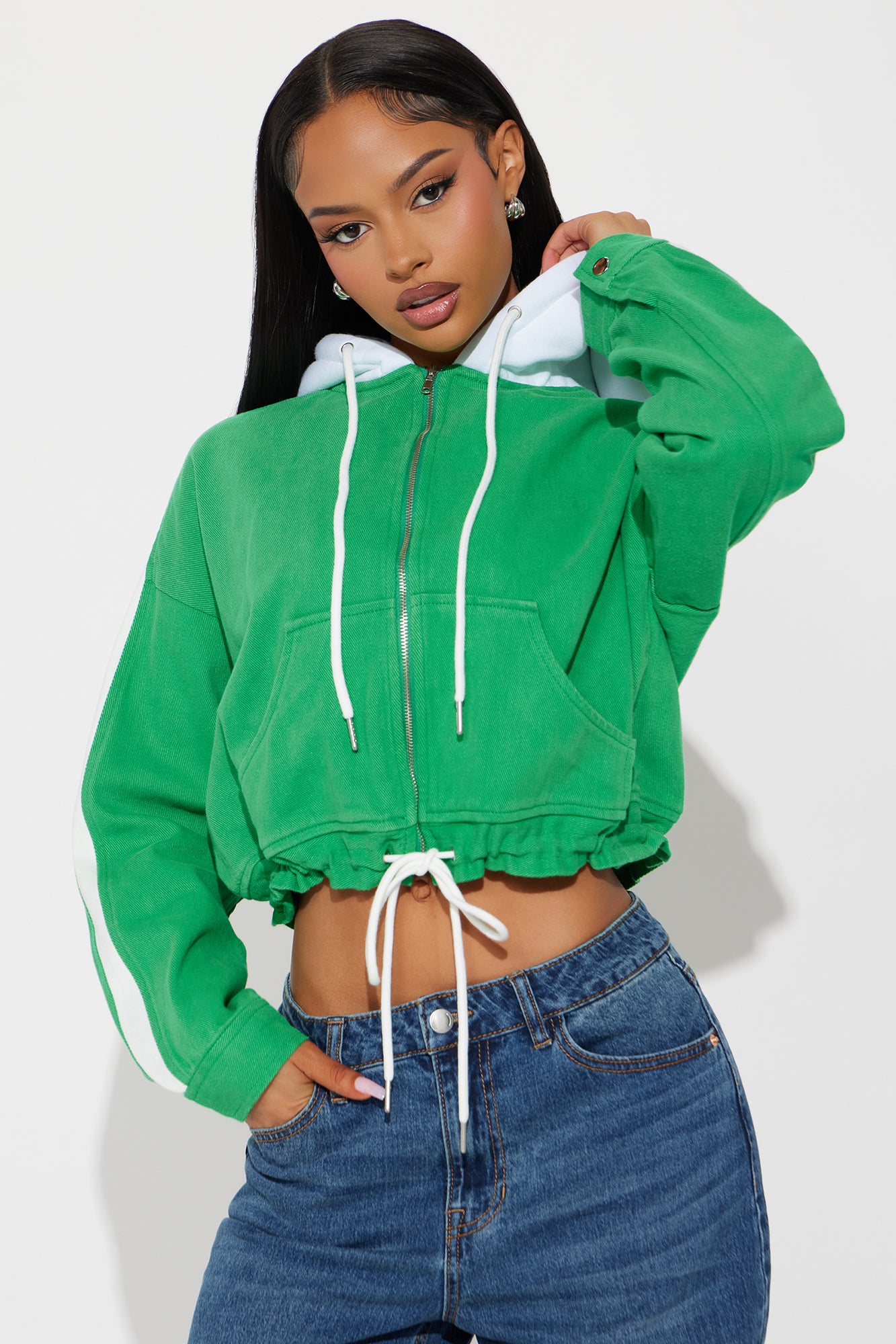Catch Up Hooded Twill Jacket - Kelly Green - Image 3