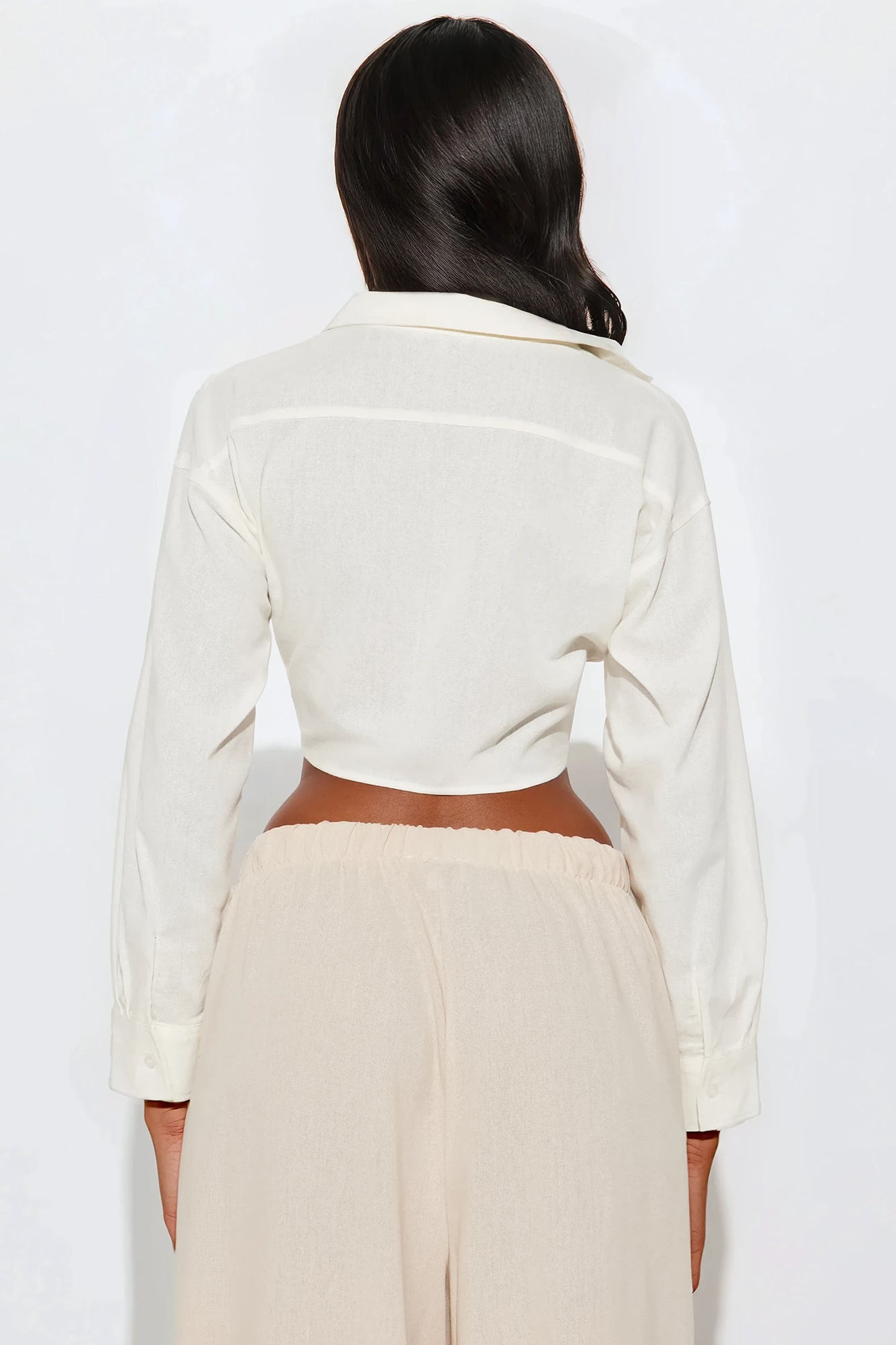 Alia Linen Tie Front Cropped Top - White - Image 3