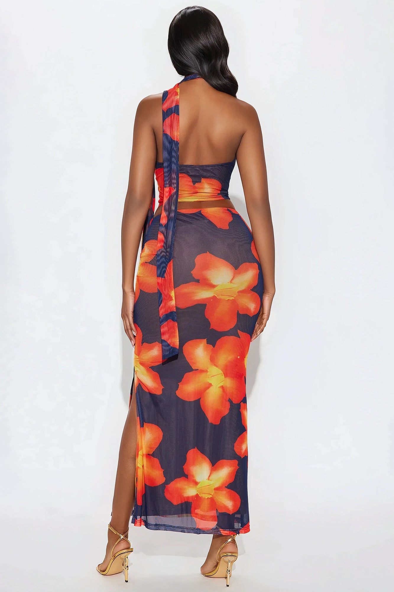Island Heat 3 Piece Mesh Maxi Skirt Set - Orange/combo - Image 3
