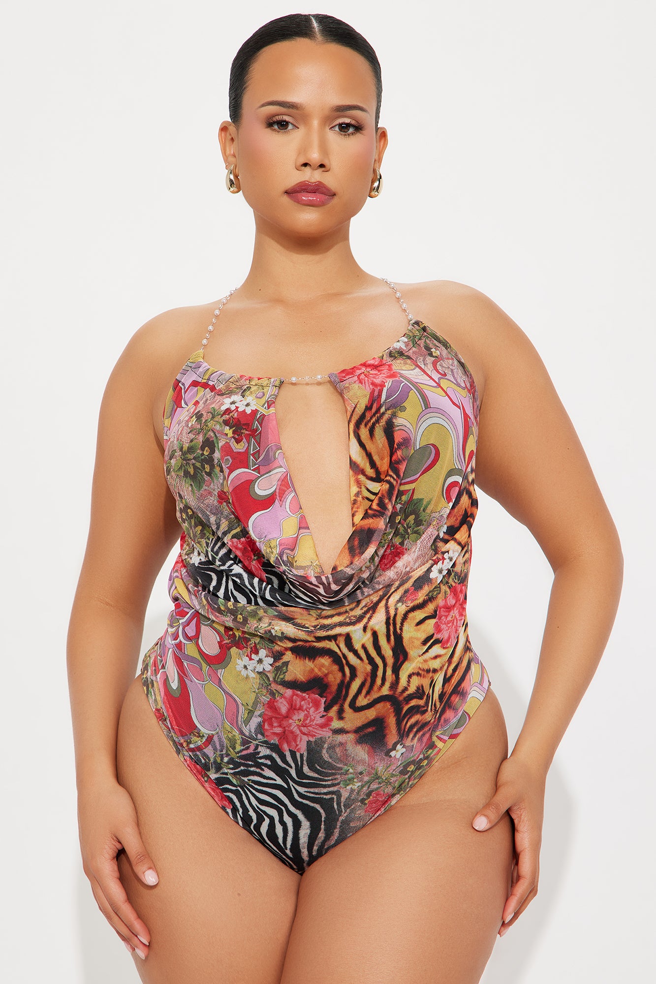 Splash Of Sass Mesh Cowl Neck Bodysuit - Multi Color - Image 5