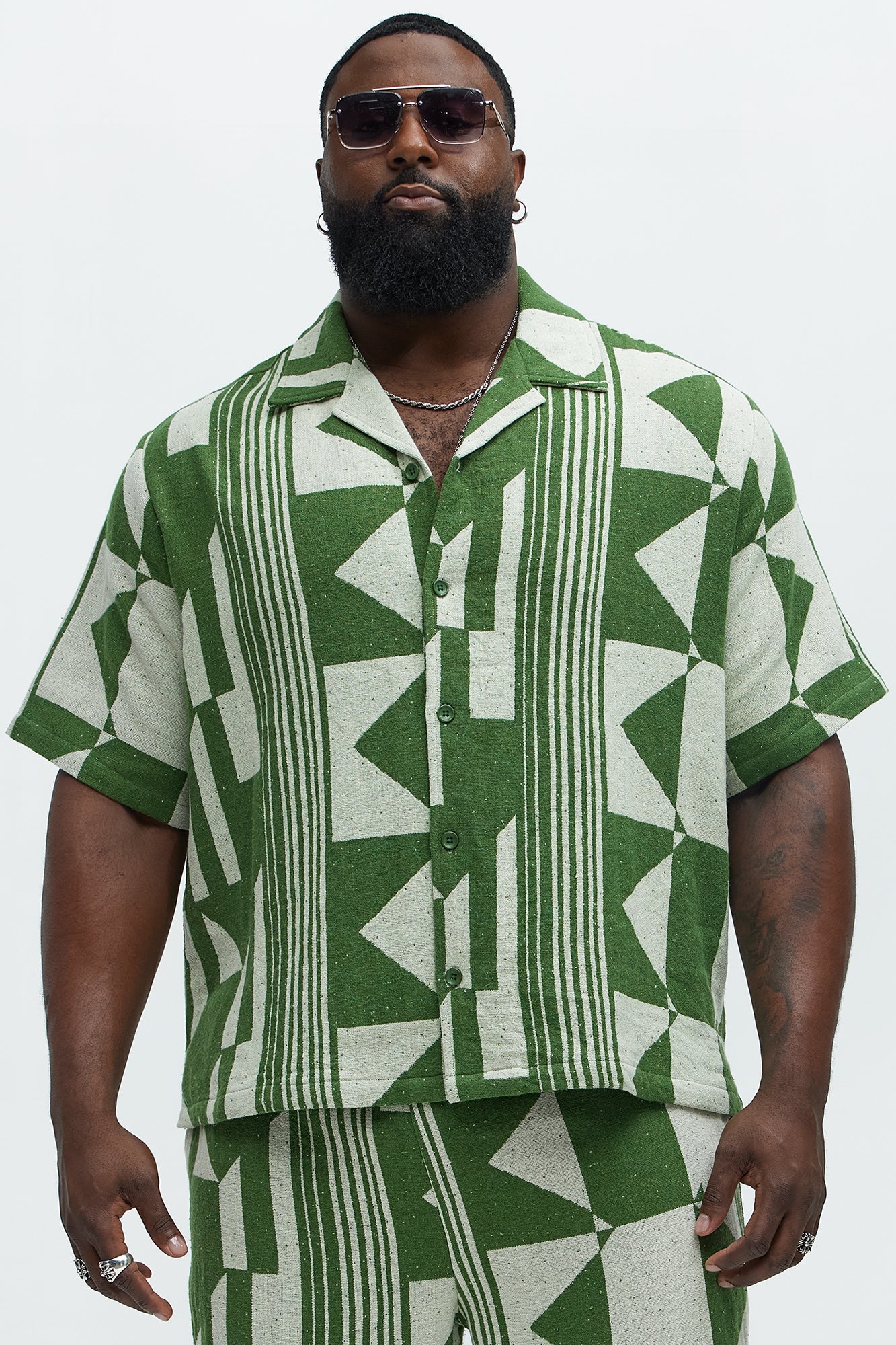 Abstract Cuban Collar Button Down Shirt - Olive/combo - Image 5