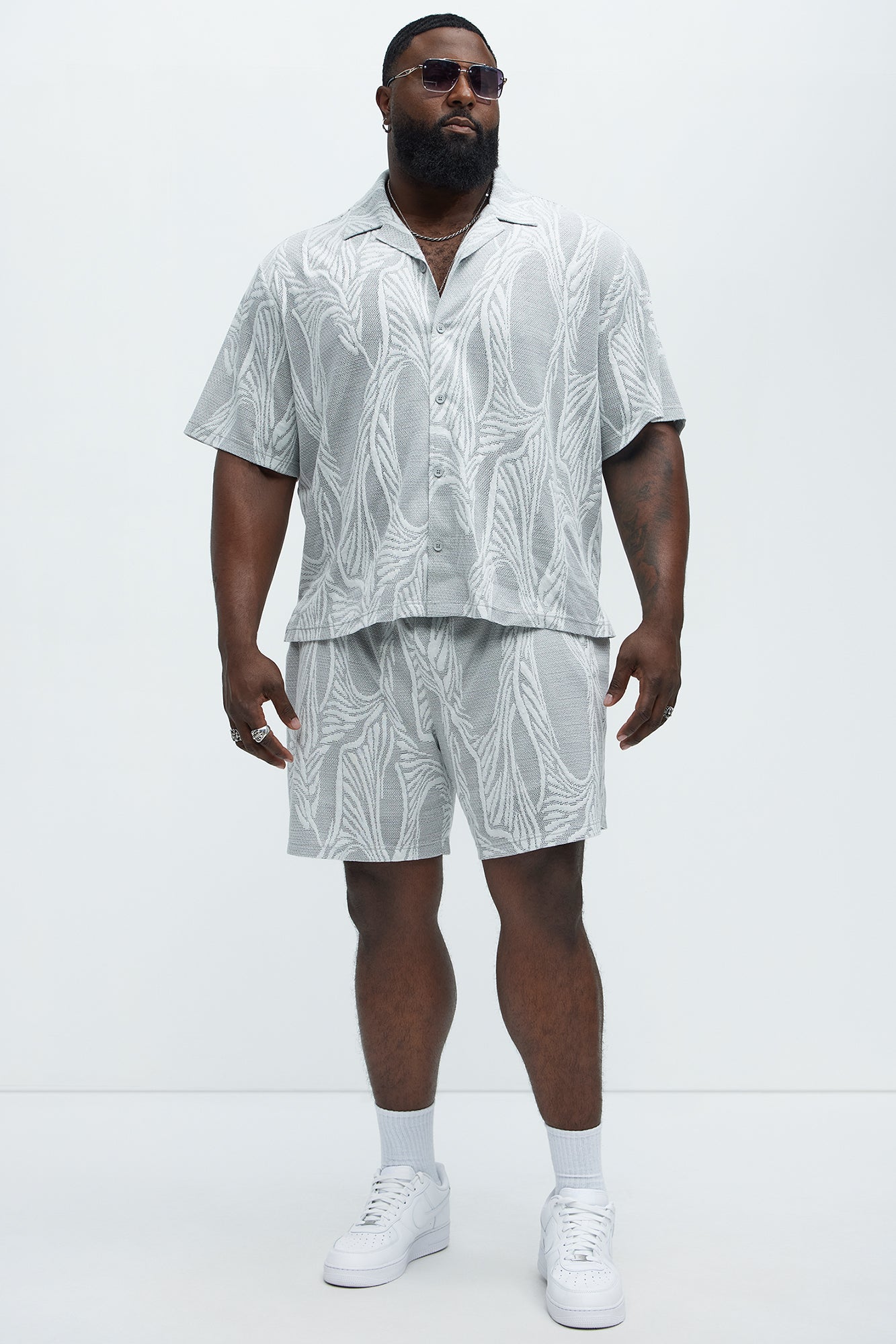 Leaf Patterned Knit Button Up Shirt - Grey/combo - Image 6