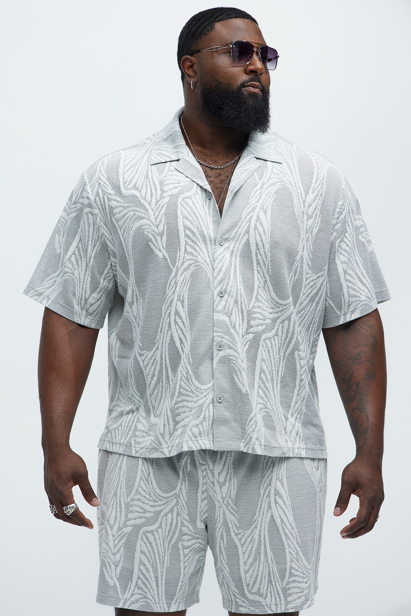 Leaf Patterned Knit Button Up Shirt - Grey/combo - Image 5