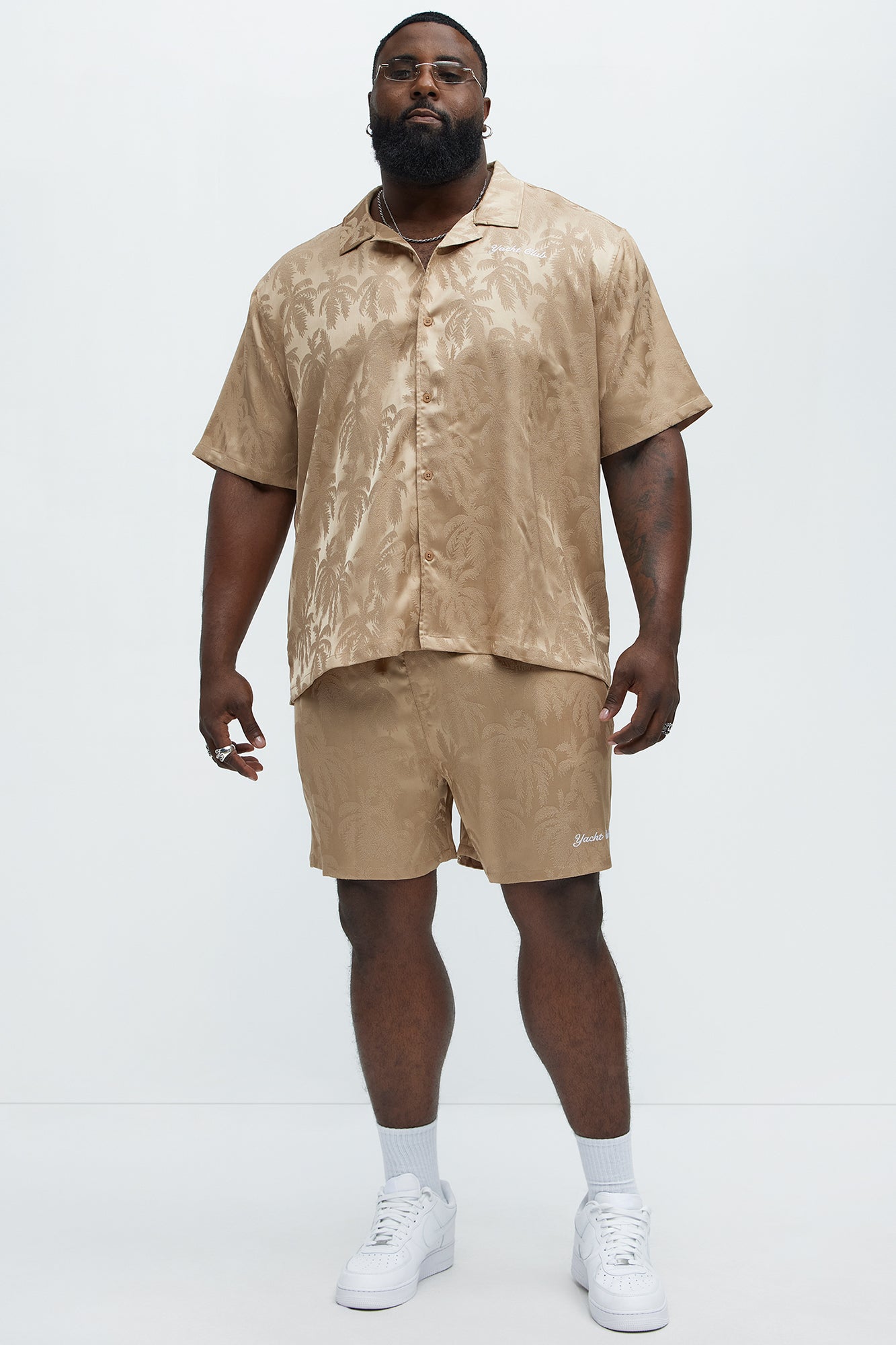 Palm Trees Jacquard Short Sleeve Button Up Shirt - Brown - Image 6