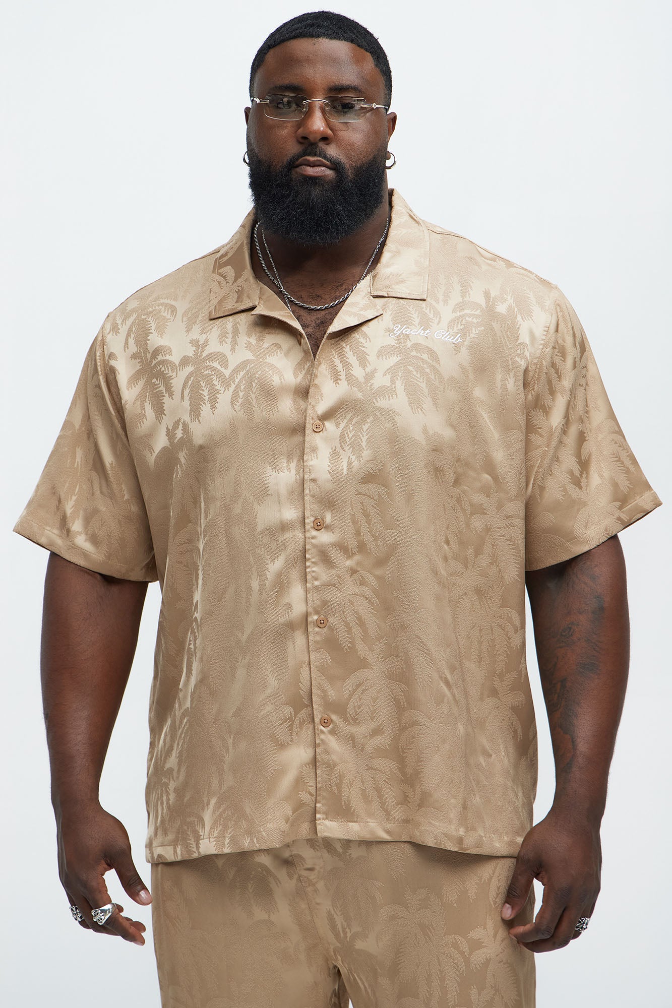 Palm Trees Jacquard Short Sleeve Button Up Shirt - Brown - Image 5