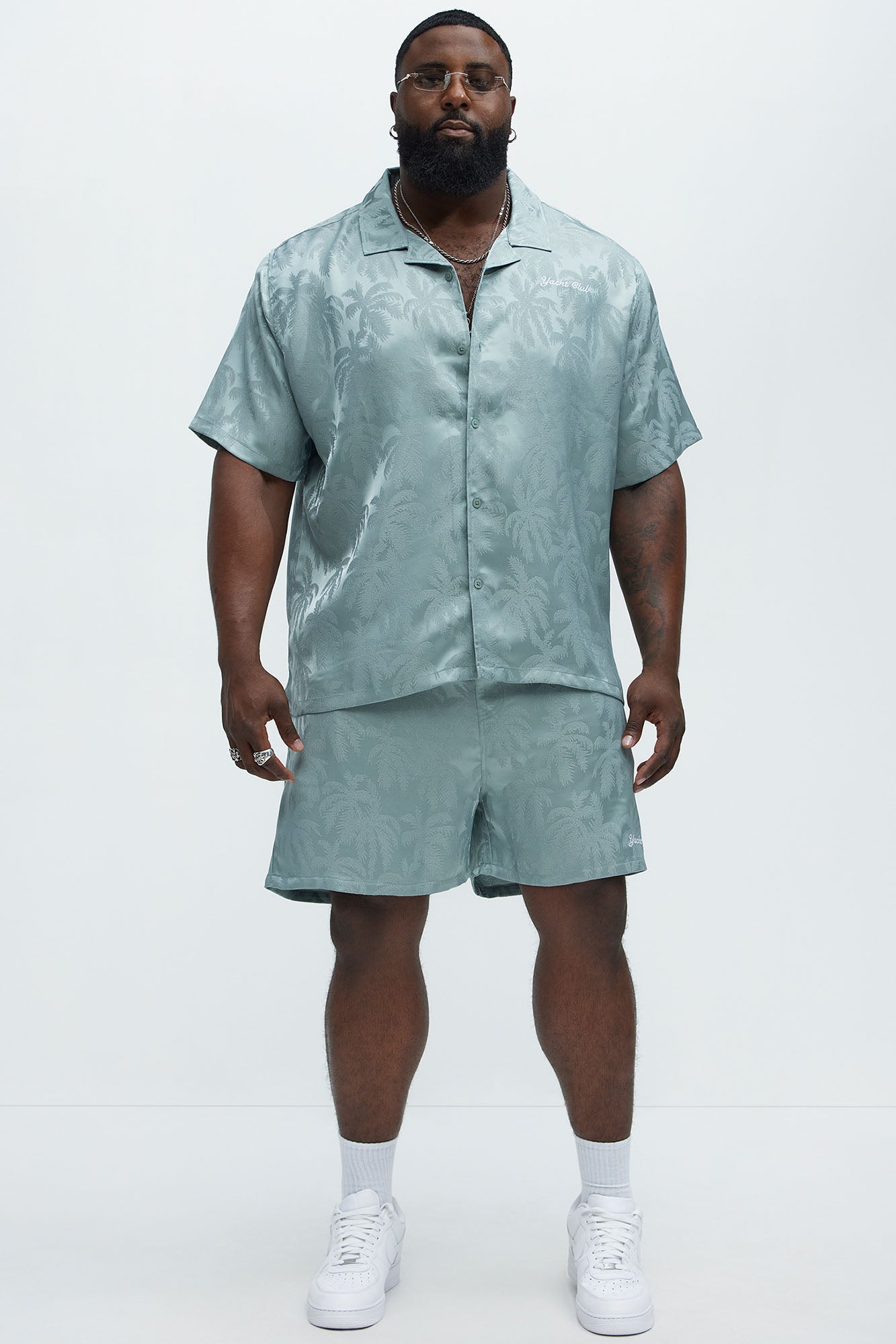 Palm Trees Jacquard Short Sleeve Button Up Shirt - Green - Image 6