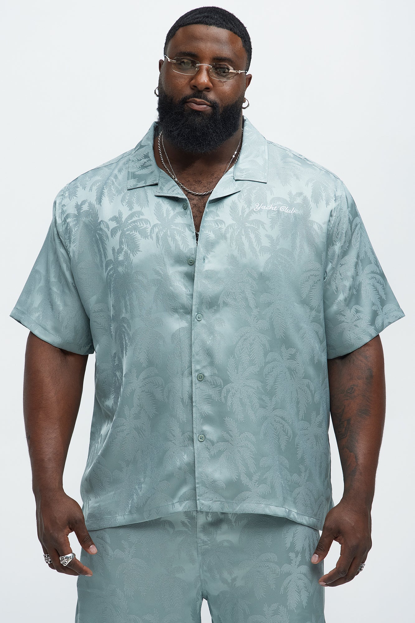 Palm Trees Jacquard Short Sleeve Button Up Shirt - Green - Image 5