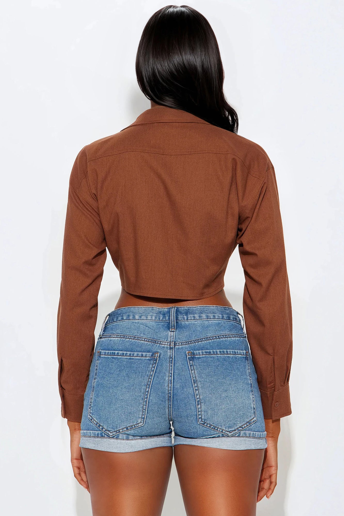 Alia Linen Tie Front Cropped Top - Chocolate - Image 3