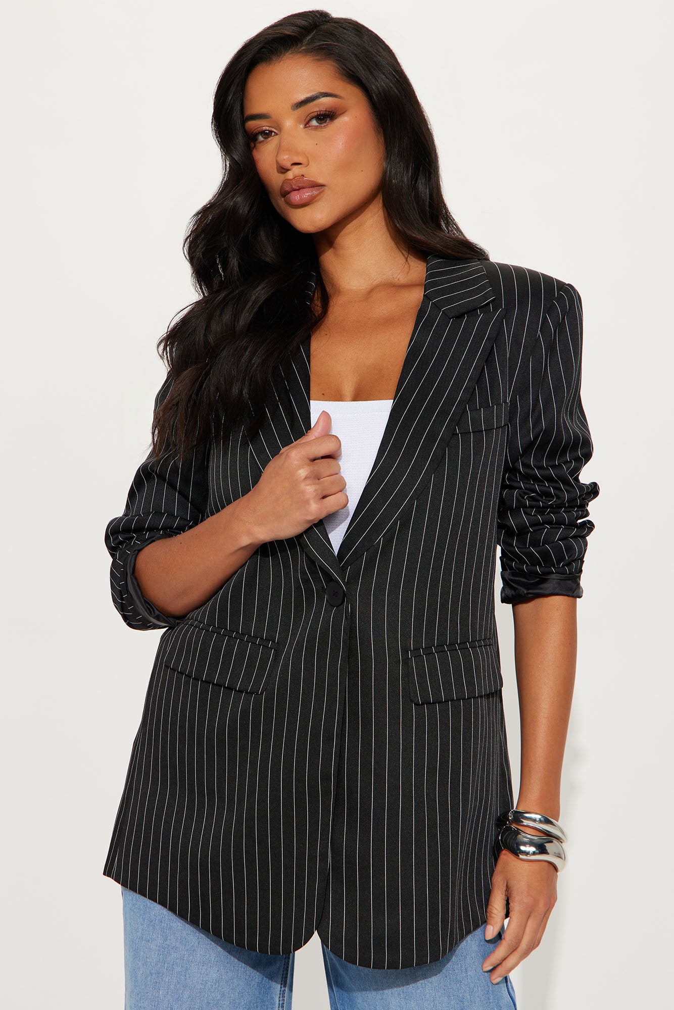 Walk The Walk Pinstripe Blazer - Black/White - Image 3