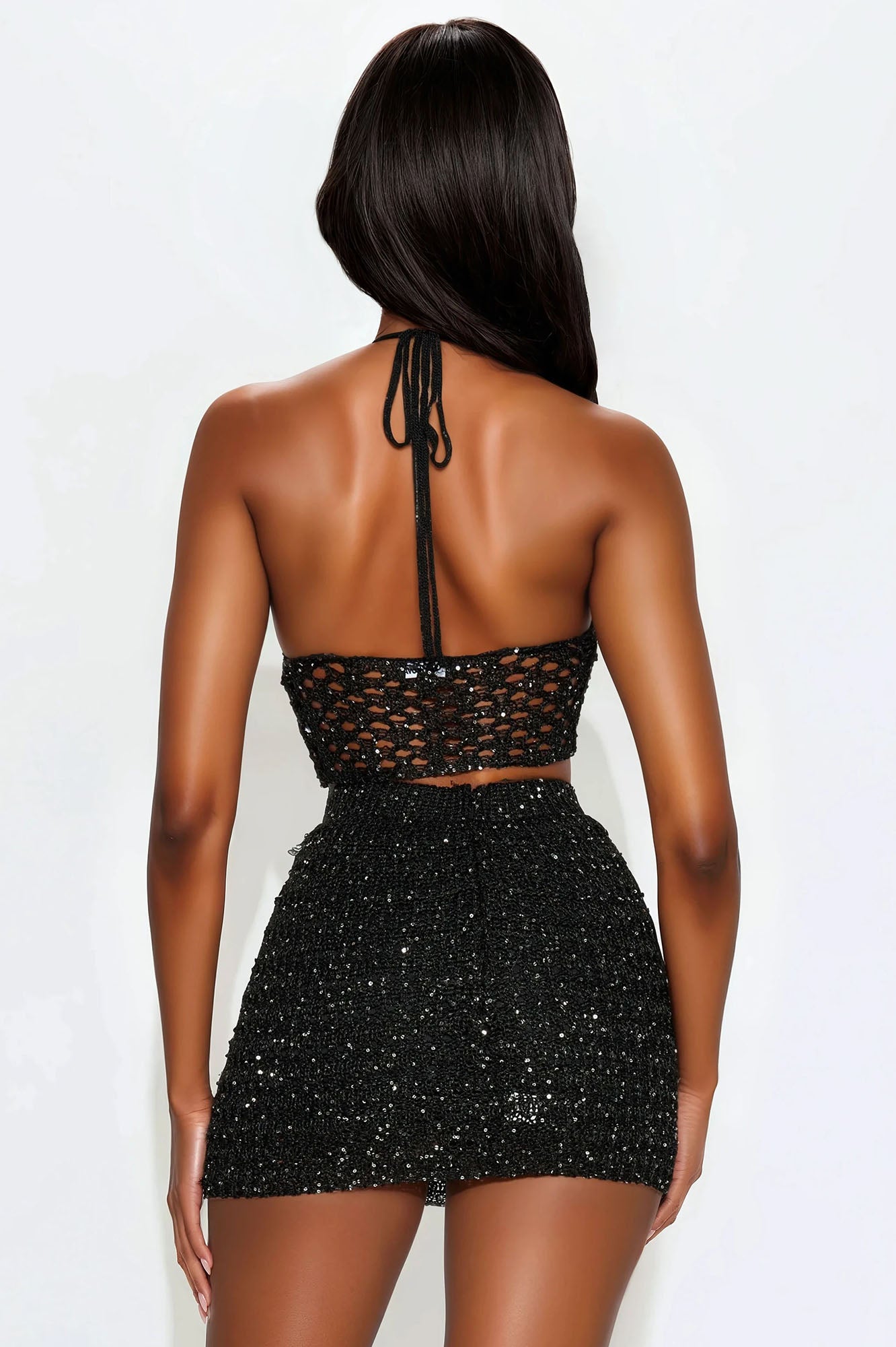 Look At Me Crochet Halter Top Skirt Set - Black - Image 3