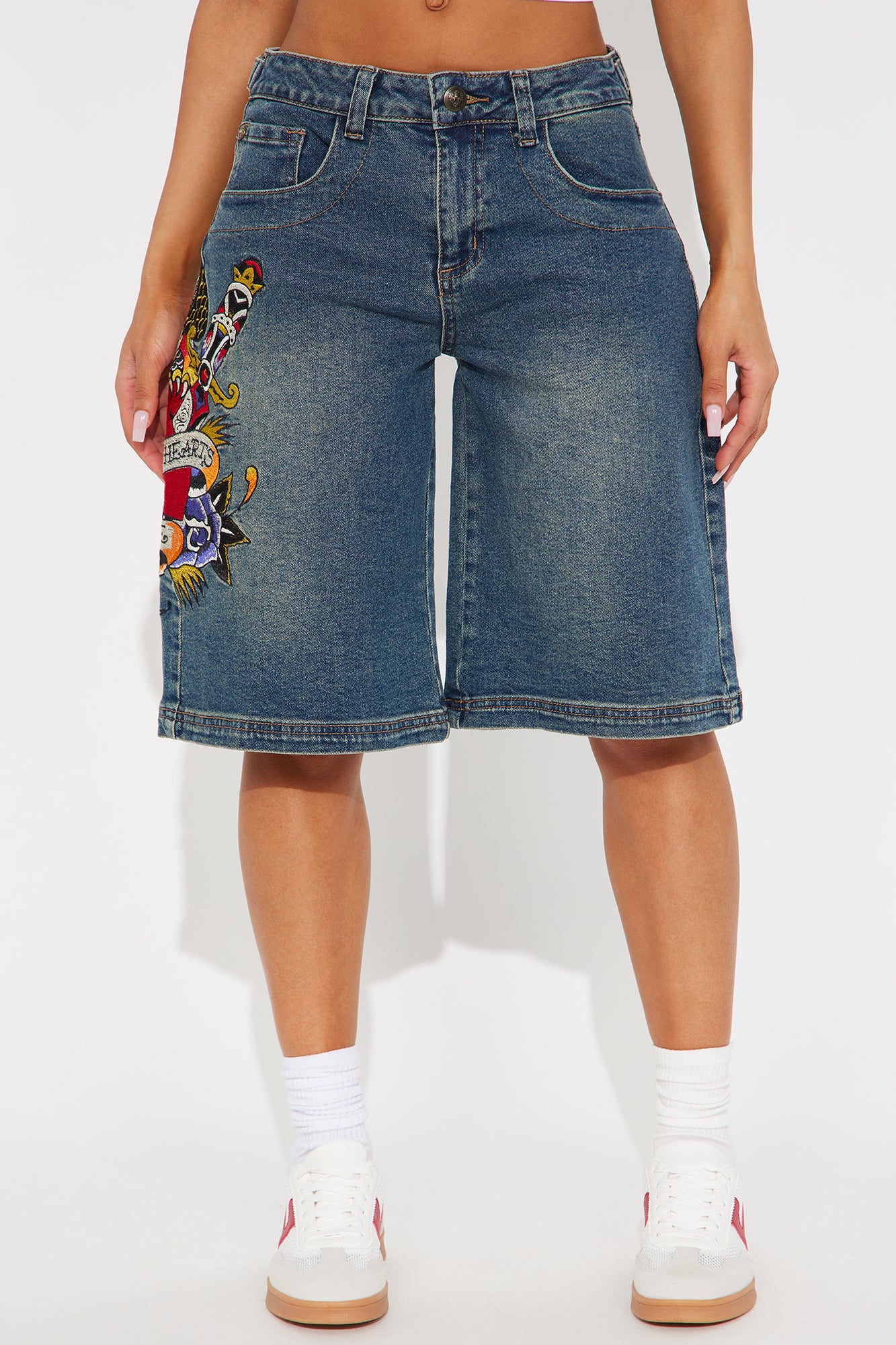 Ed Hardy Wings Of Love Baggy Denim Jorts - Medium Wash - Image 4