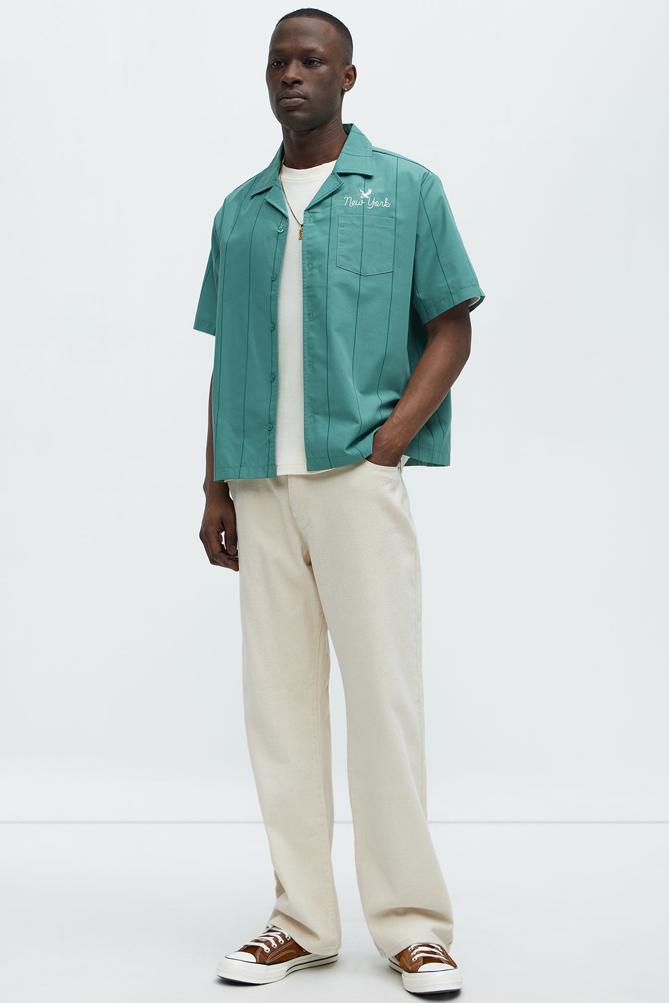 Back Embroidered Cropped Cuban Collar Button Up Shirt - Green - Image 3
