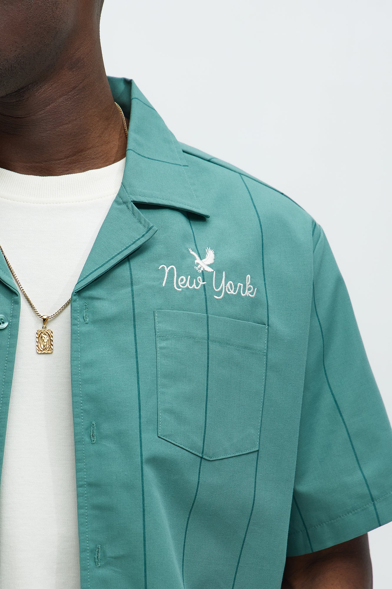 Back Embroidered Cropped Cuban Collar Button Up Shirt - Green - Image 4