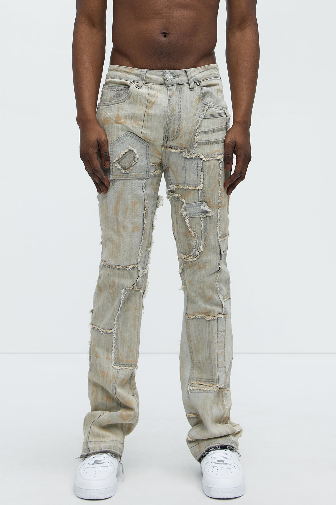 Stacked Skinny Flare Finish The Job Patch Frayed Jeans - Light Wash - Image 3