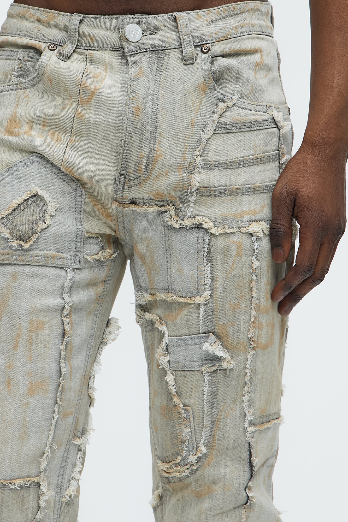 Stacked Skinny Flare Finish The Job Patch Frayed Jeans - Light Wash - Image 4