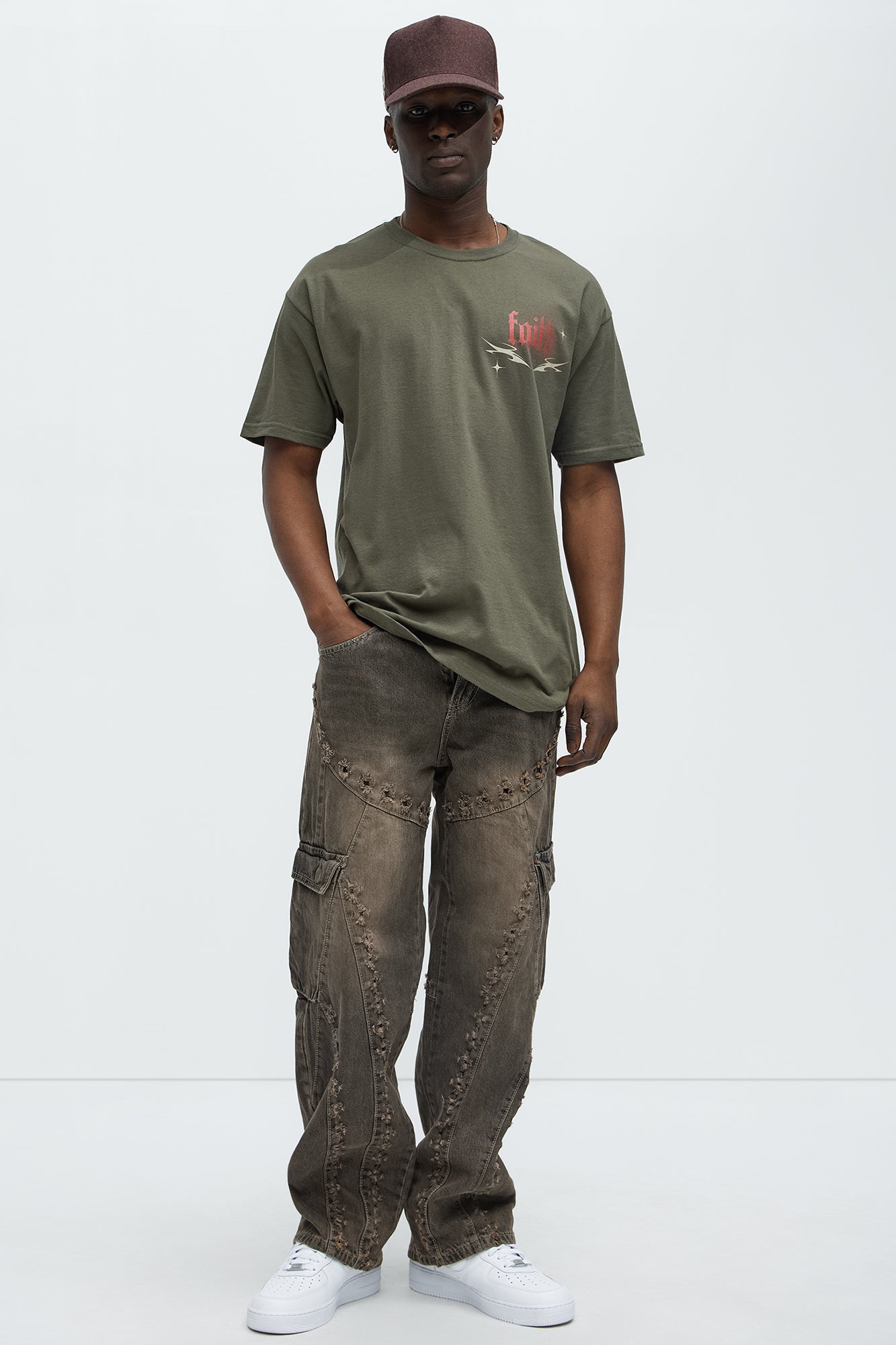 Baggy Distressed Eyelets Cargo Jeans - Brown - Image 3