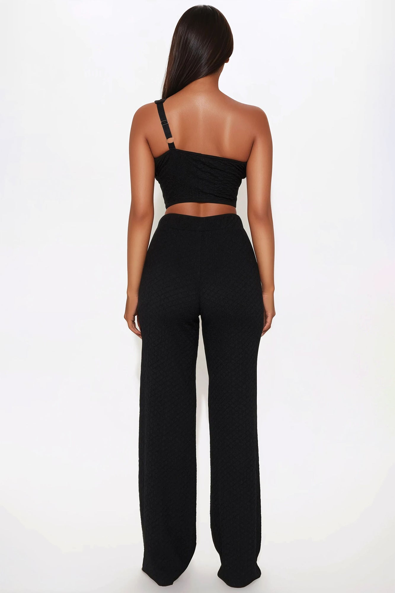 Aza One Shoulder Textured Flare Pant Set - Black - Image 3