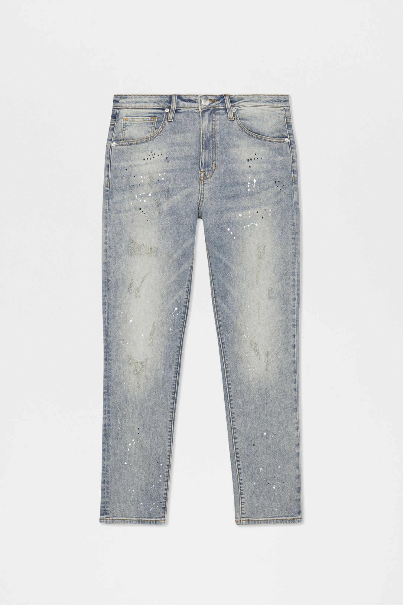 Ripped And Bleach Splatter Stacked Slim Flare Jeans - Light Blue Wash - Image 8
