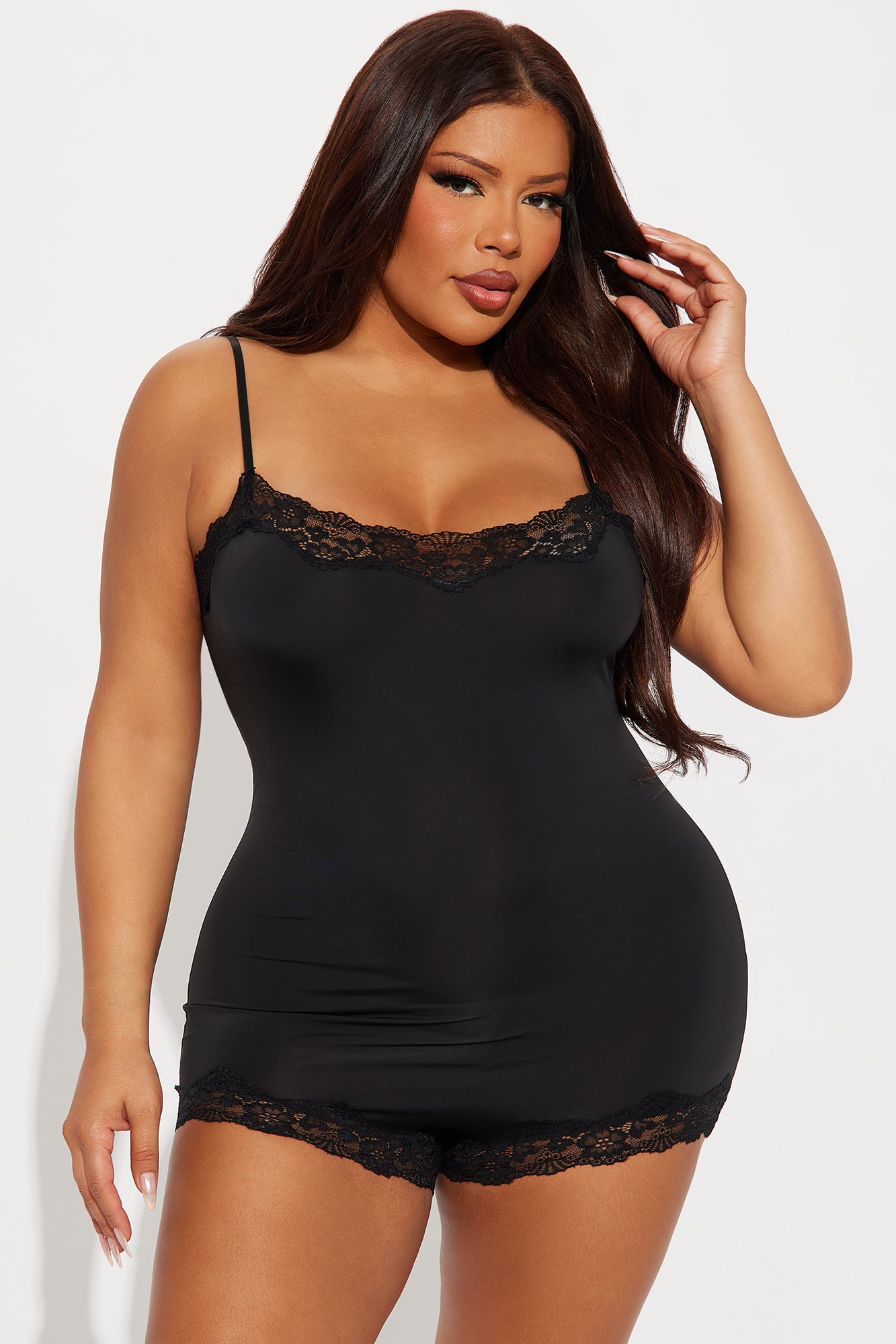 Sweet and Sultry Stretch Lace Trim Romper - Black - Image 4