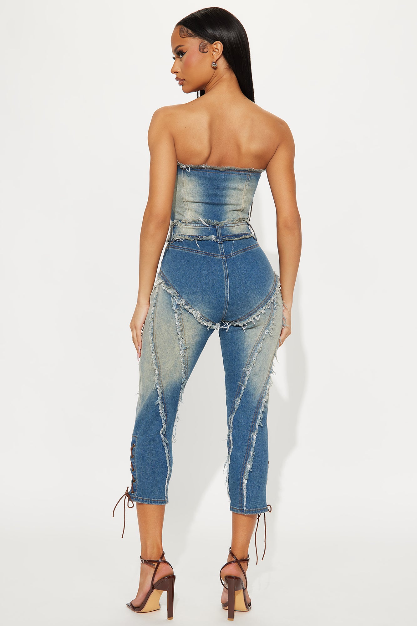 Stacked Up Washed Denim Capri Jumpsuit - Medium Wash - Image 3