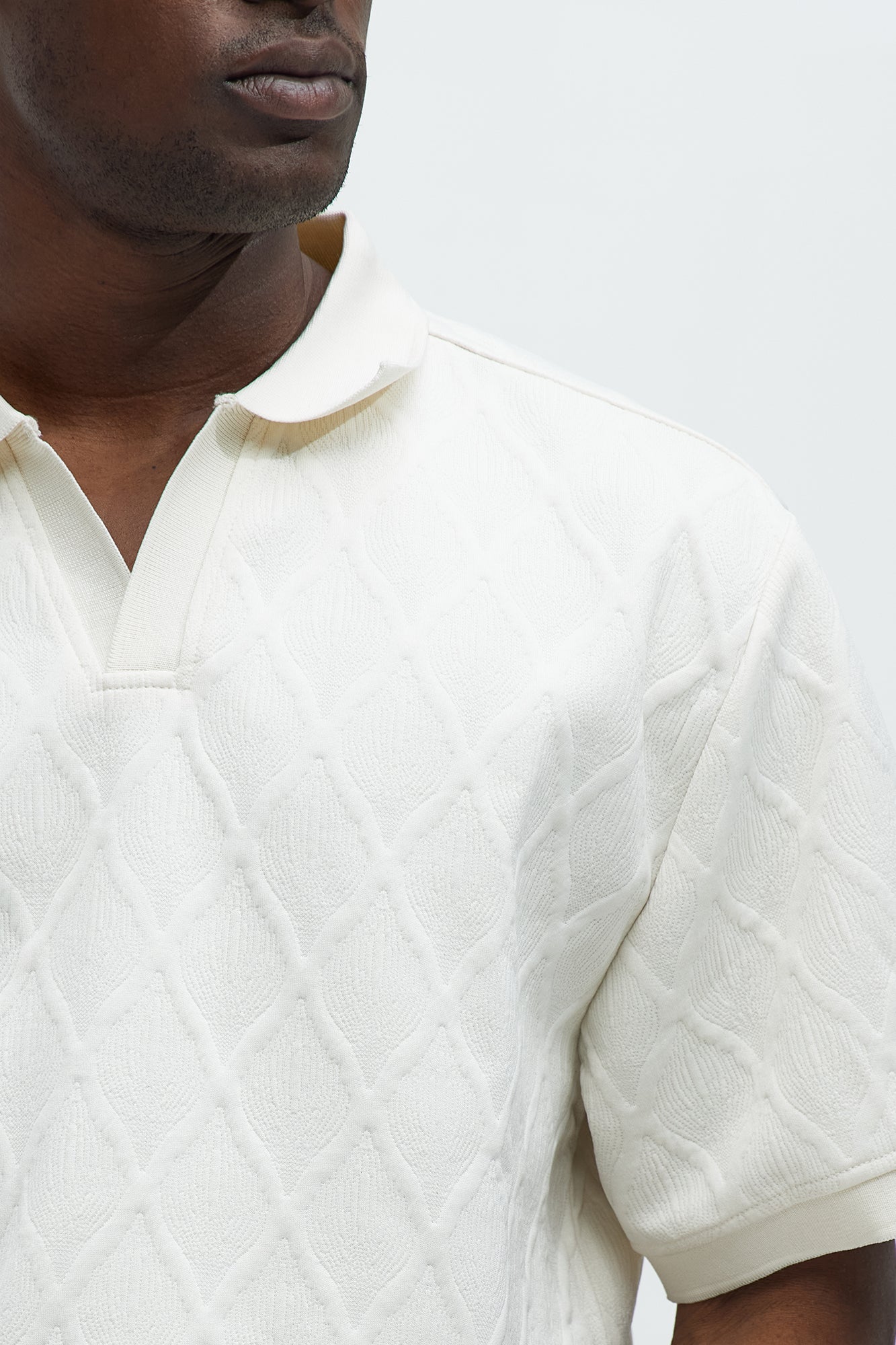 Diamond Textured Johnny Collar Polo - Cream - Image 3