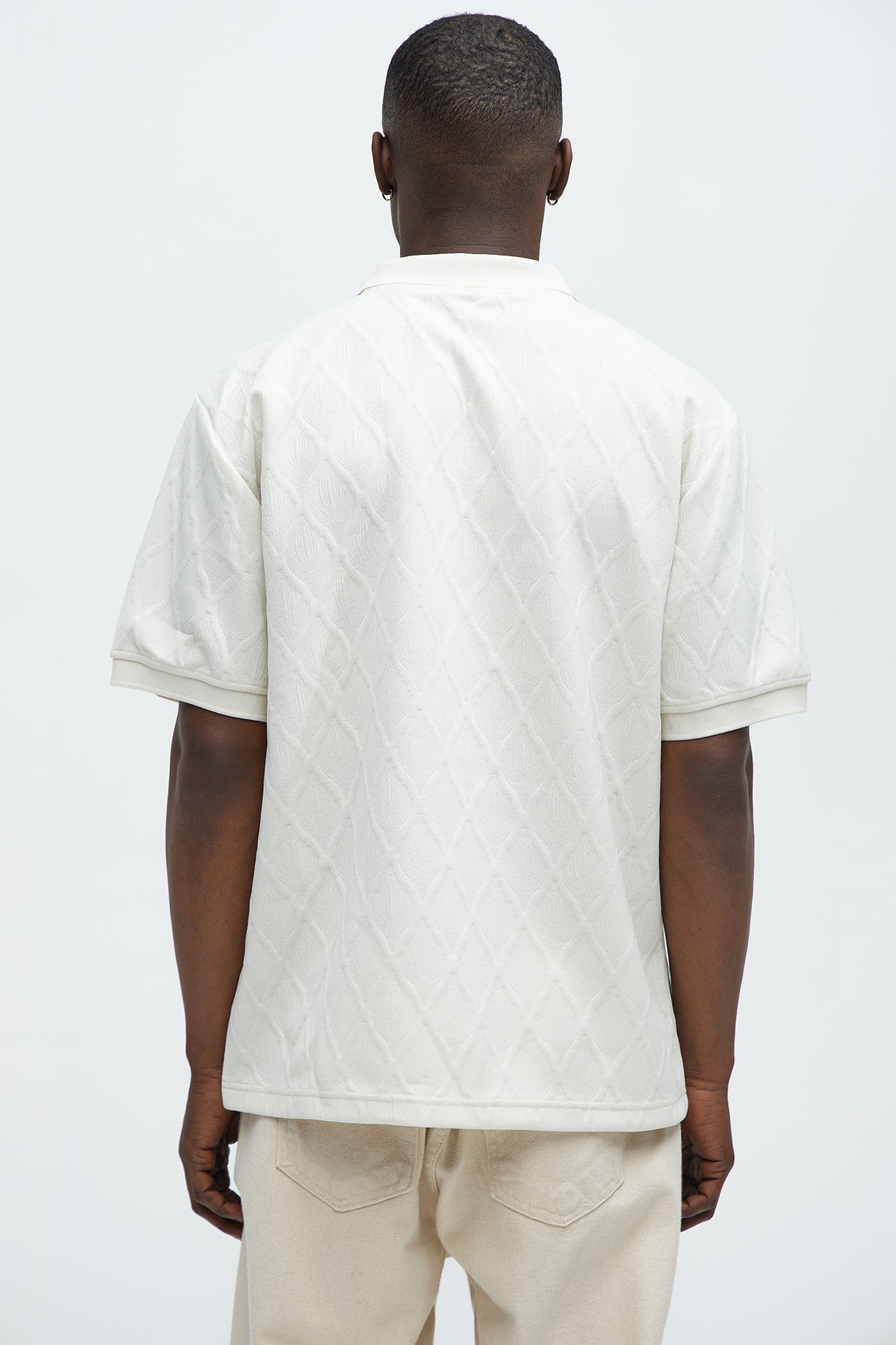 Diamond Textured Johnny Collar Polo - Cream - Image 4