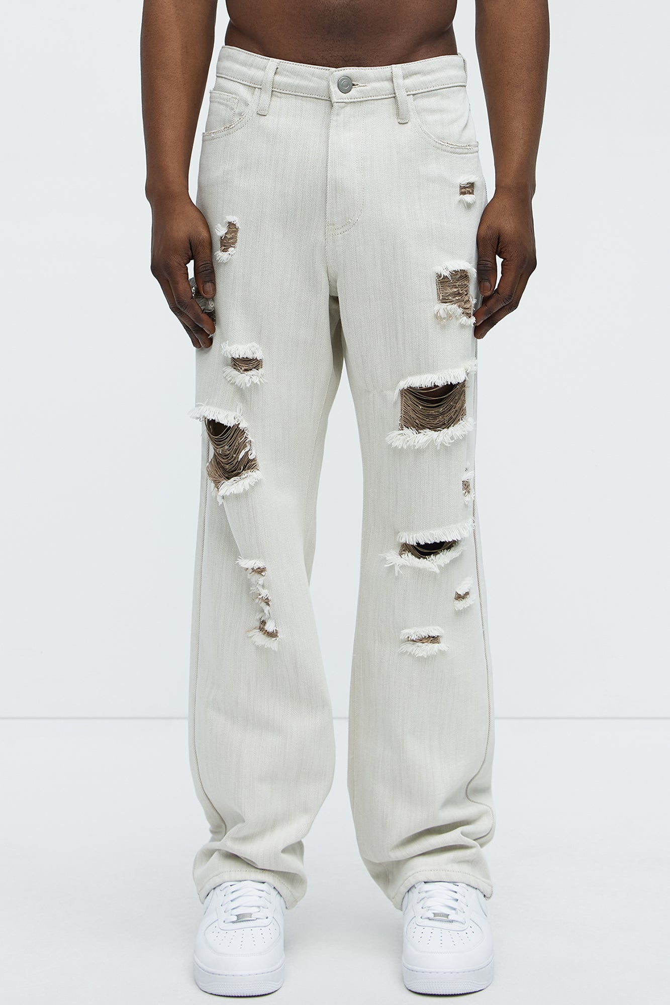 Hector Distressed Straight Jeans - Beige - Image 3
