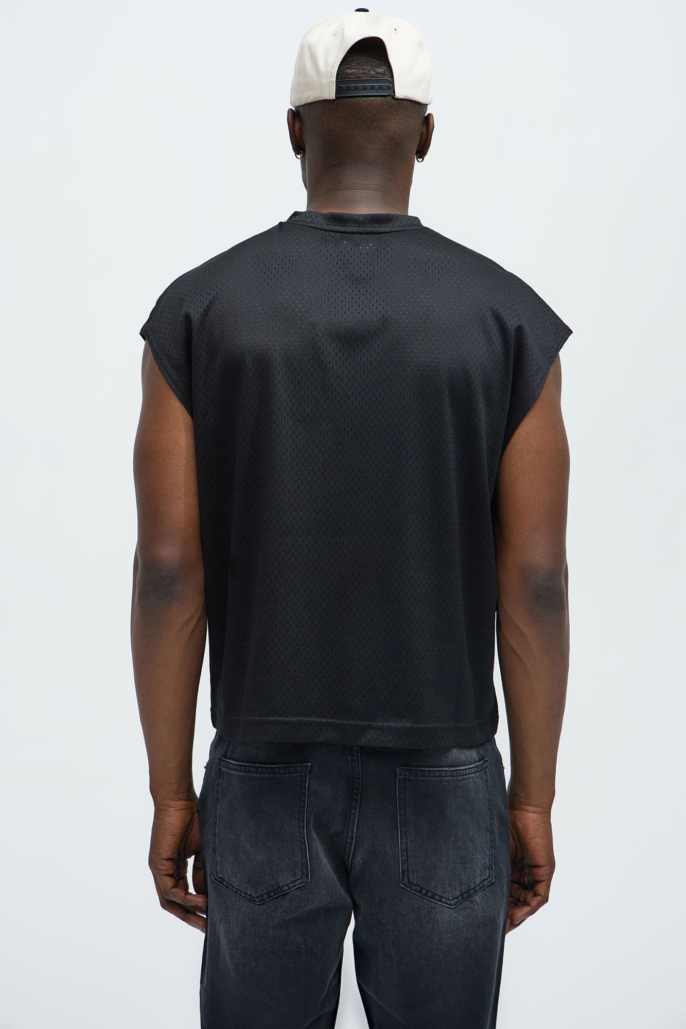Boxy Mesh Sleeveless Muscle Tee - Black - Image 4