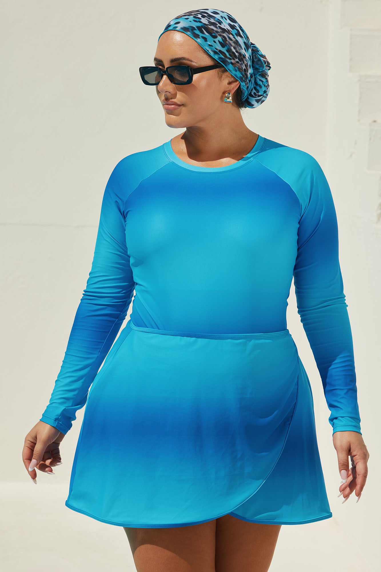 Fatima Rashguard Leggings & Skirt 3 Piece Burkini Swimsuit Set - Blue/combo - Image 5