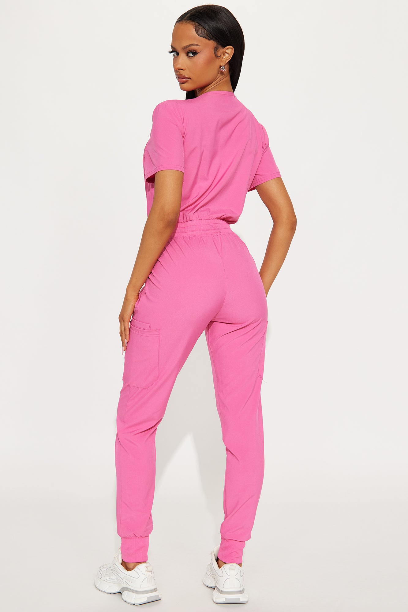 Full Shift Stretch Jogger Scrub Uniform Jumpsuit - Hot Pink - Image 3