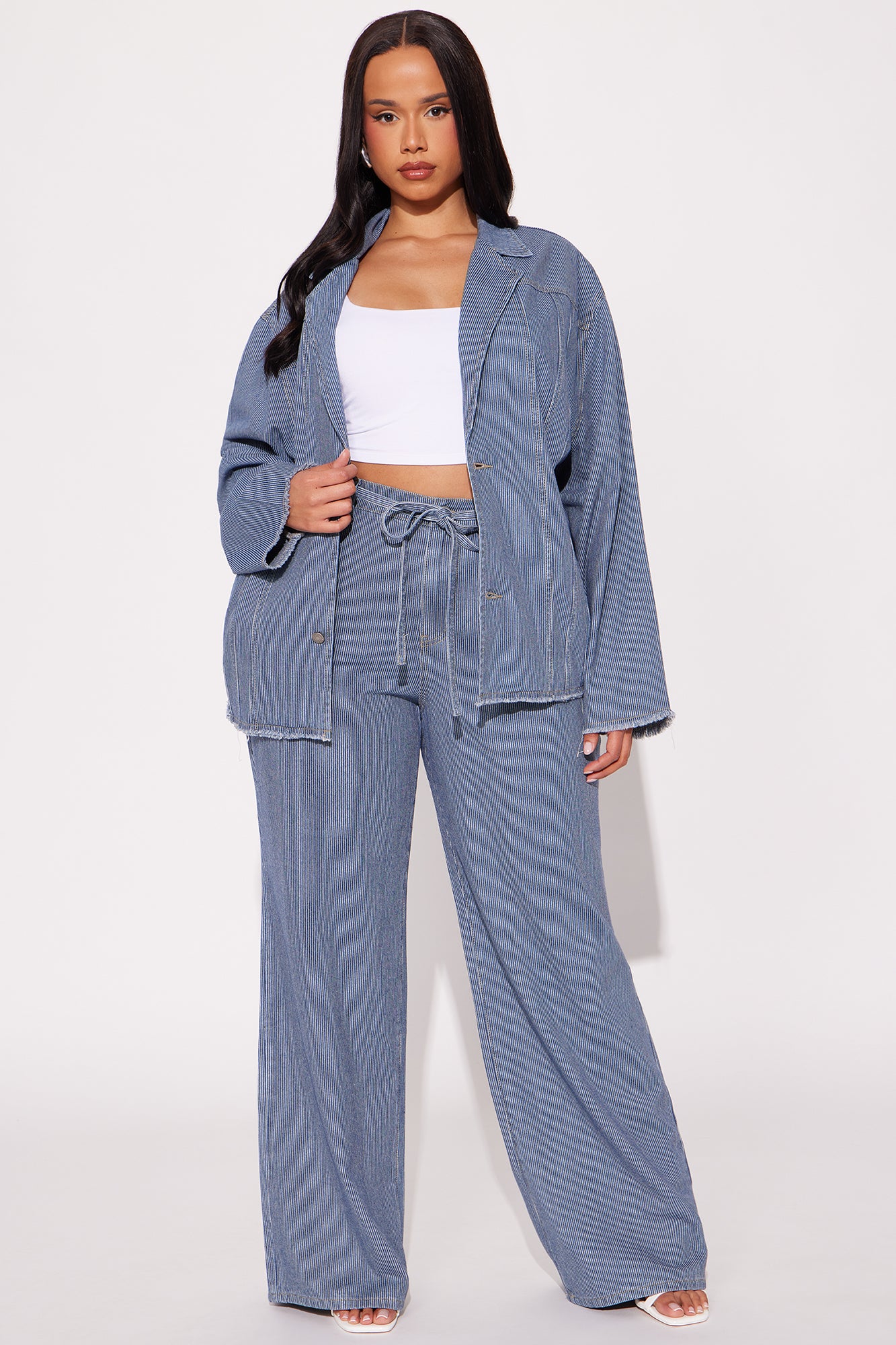 Laid Back Pinstripe Wide Leg Denim Trouser - Dark Wash - Image 4