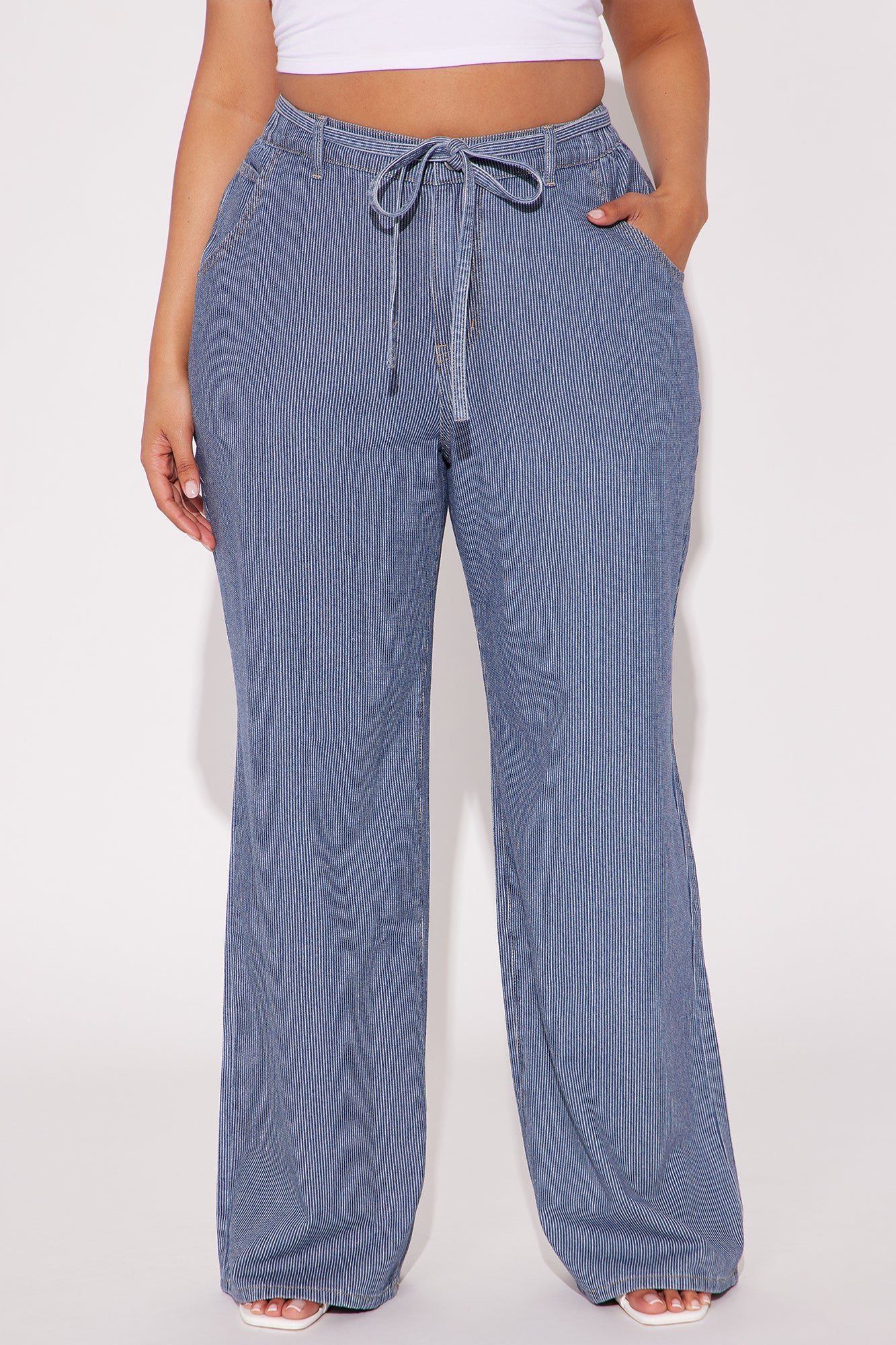 Laid Back Pinstripe Wide Leg Denim Trouser - Dark Wash - Image 5