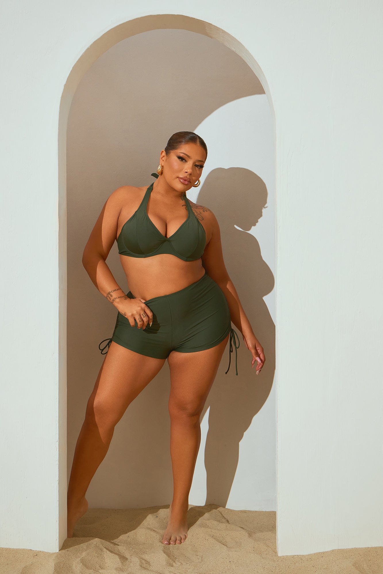 Maui Mix And Match Ruched Side Short Bikini Bottom - Olive - Image 5