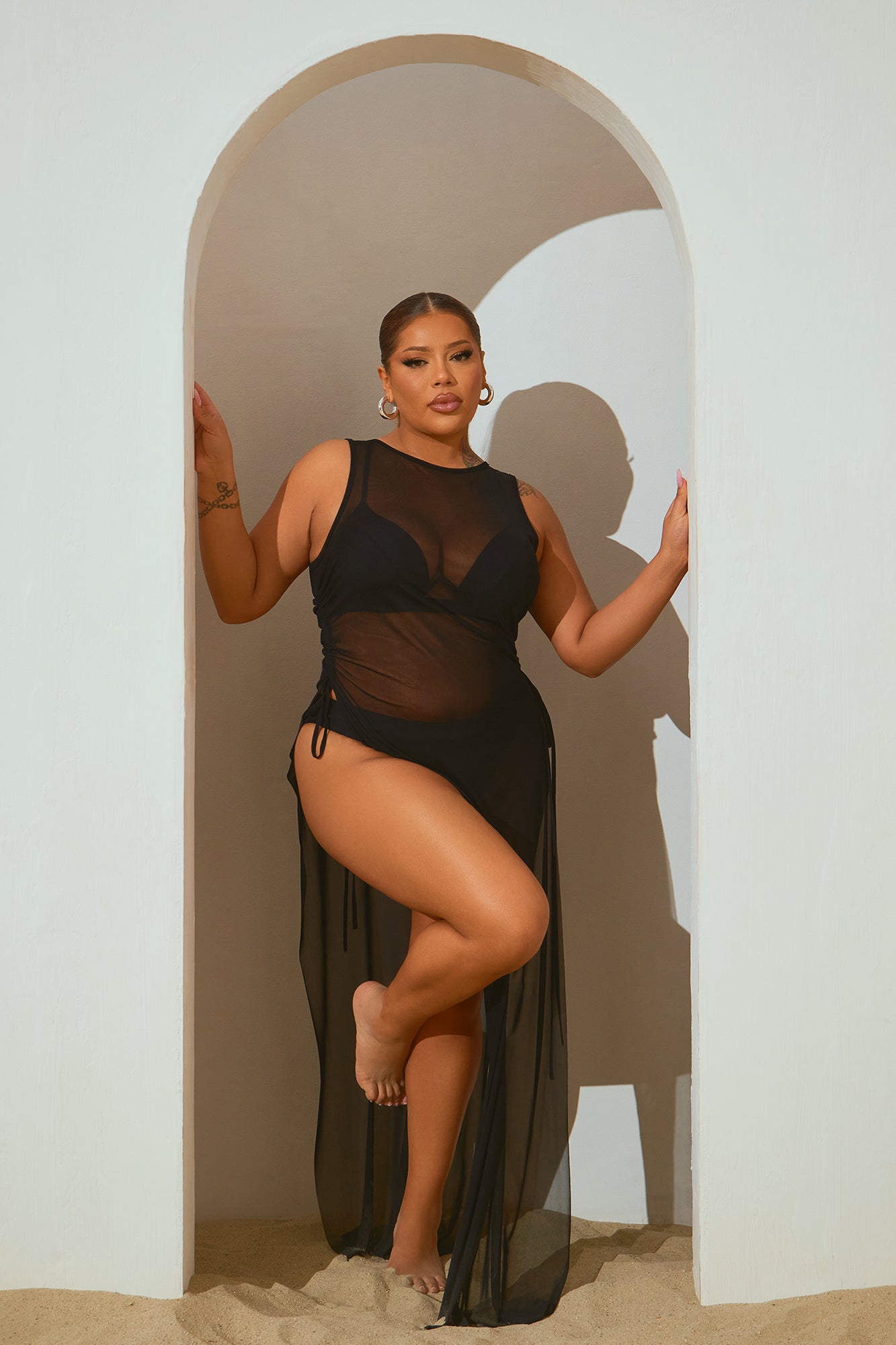 Summer Bae Ruched Mesh Cover Up Maxi Dress - Black - Image 4