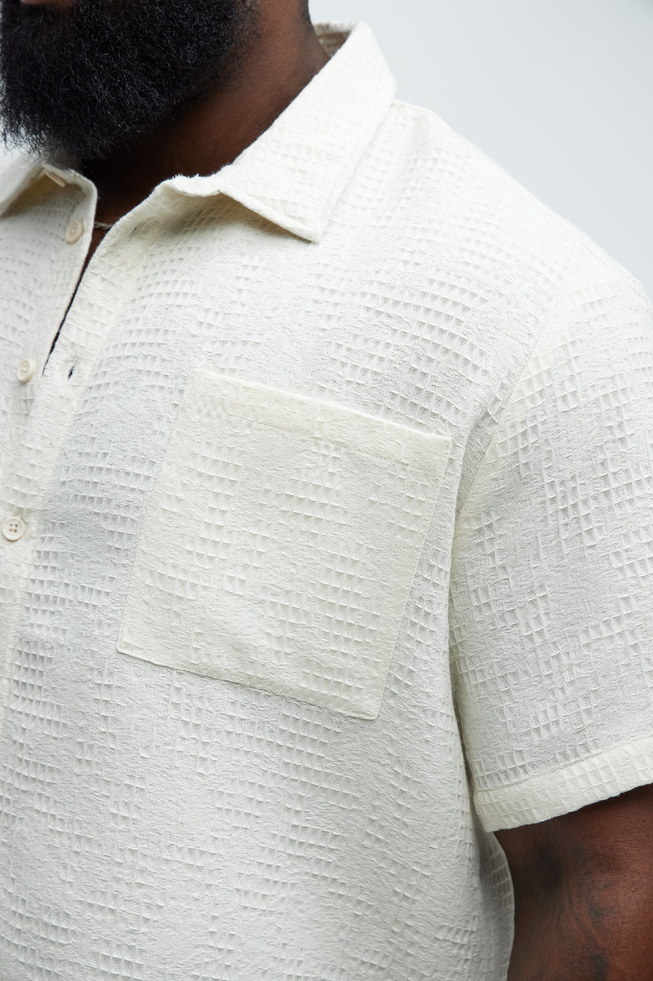 Subtle Waffle Texture Button Up Shirt - Cream - Image 7