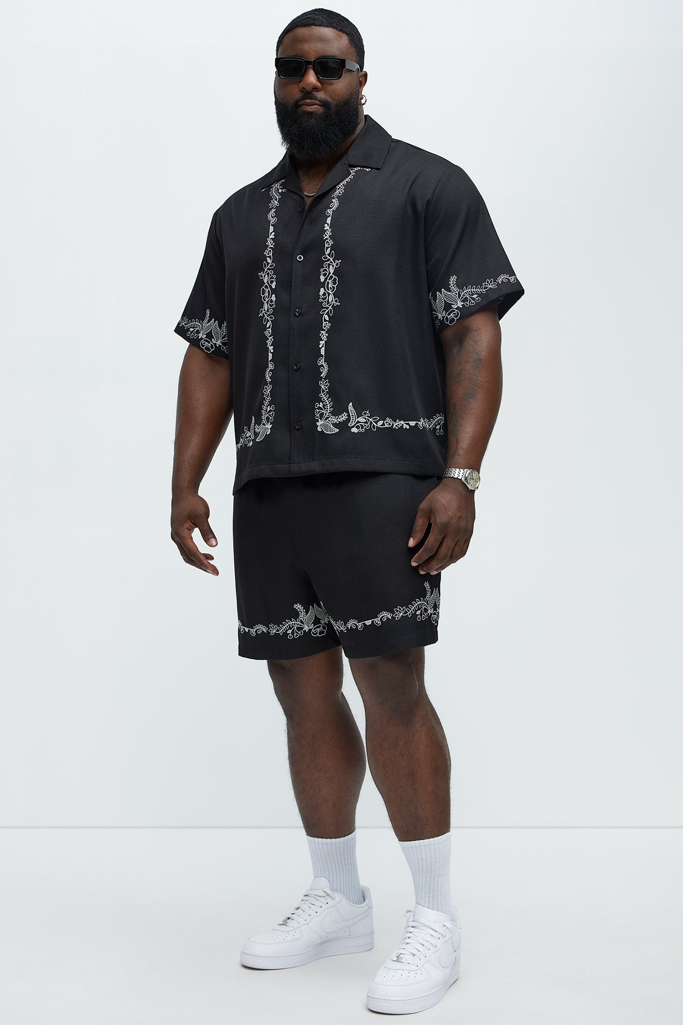 Vine Border Embroidery Cuban Shirt - Black - Image 6