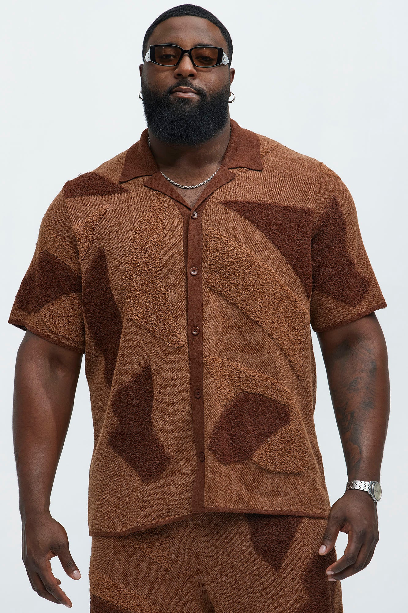 Auron Cuban Collar Knitted Shirt - Brown/combo - Image 5